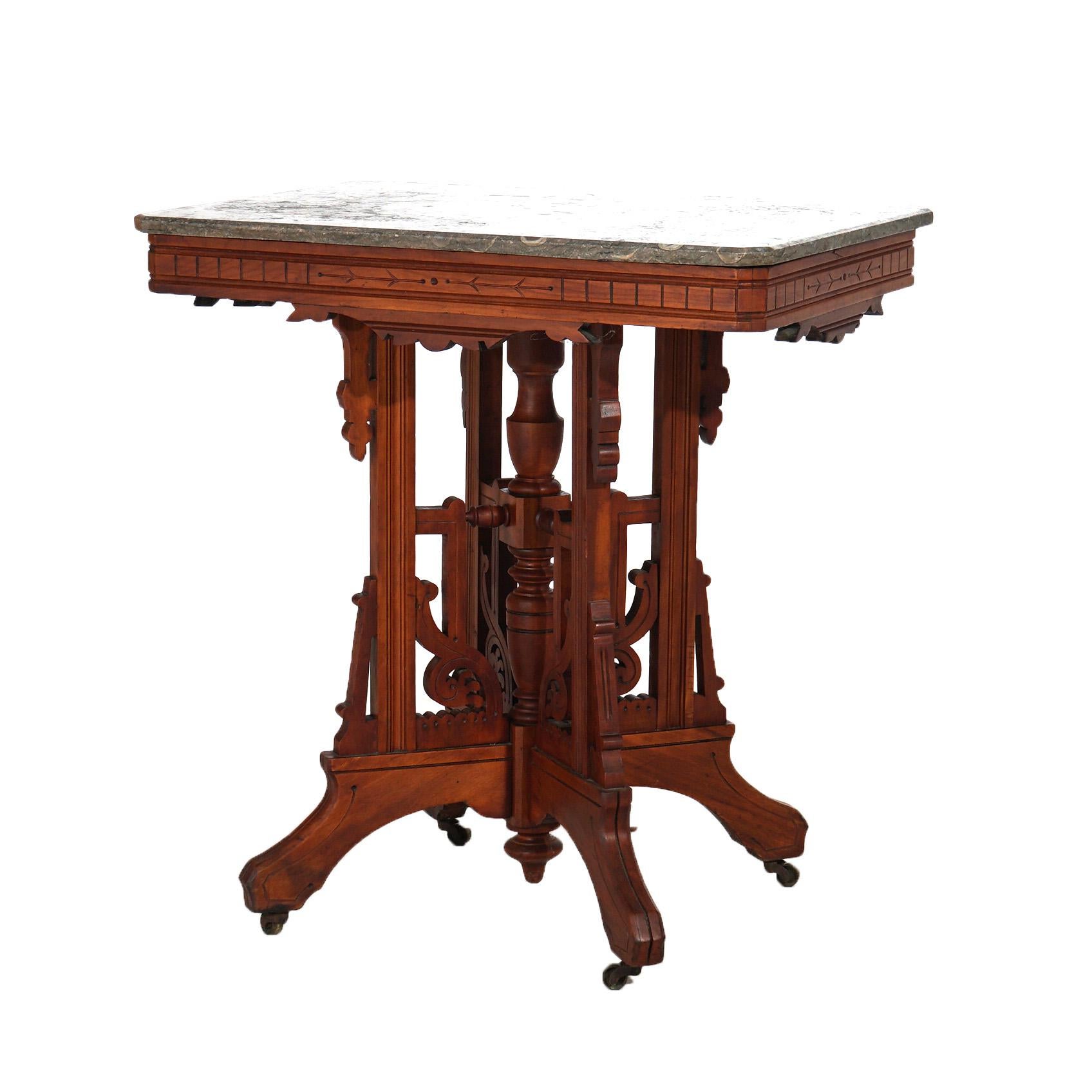 19th Century Antique Eastlake Victorian Walnut Marble Top Table C1890 For Sale