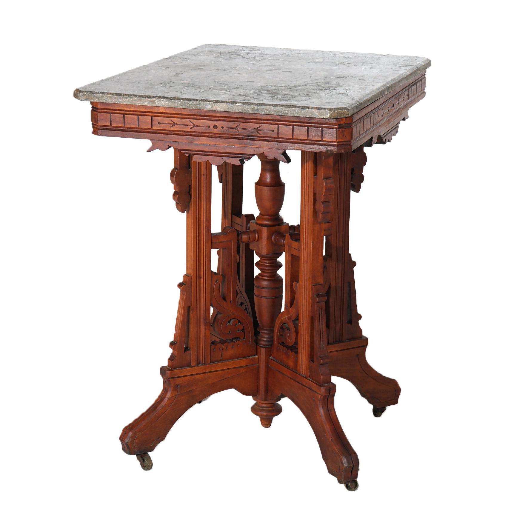 Antique Eastlake Victorian Walnut Marble Top Table C1890 In Good Condition For Sale In Big Flats, NY