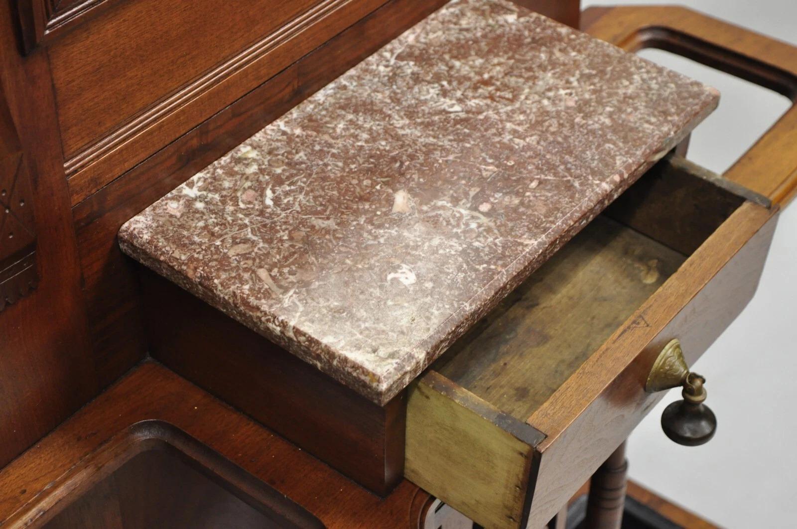 Antique Eastlake Victorian Walnut Marble Top Umbrella Stand Hall Tree Mirror en vente 2