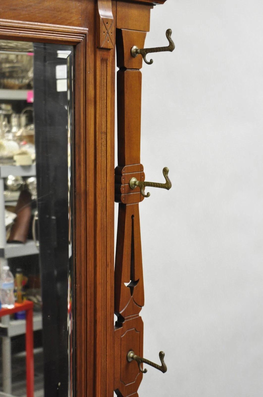 Antique Eastlake Victorian Walnut Marble Top Umbrella Stand Hall Tree Mirror en vente 5