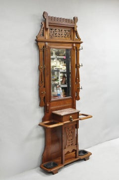 Antique Eastlake Victorian Walnut Marble Top Umbrella Stand Hall Tree Mirror