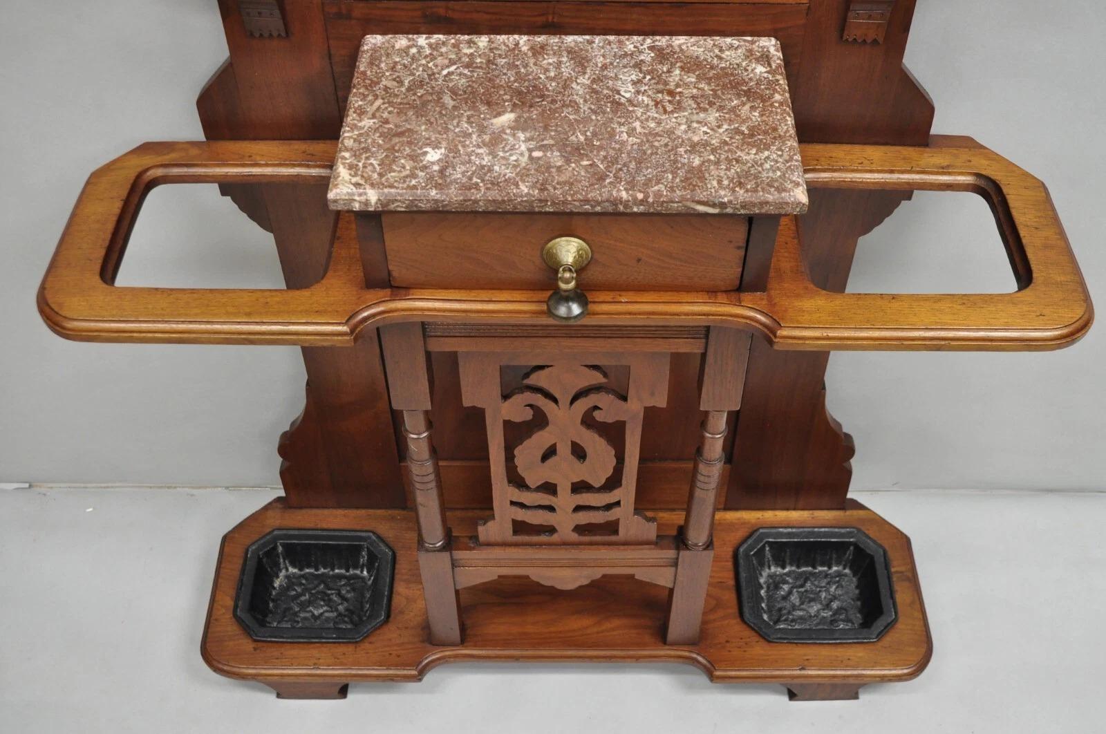 Antique Eastlake Victorian Walnut Marble Top Umbrella Stand Hall Tree Mirror Bon état - En vente à Philadelphia, PA
