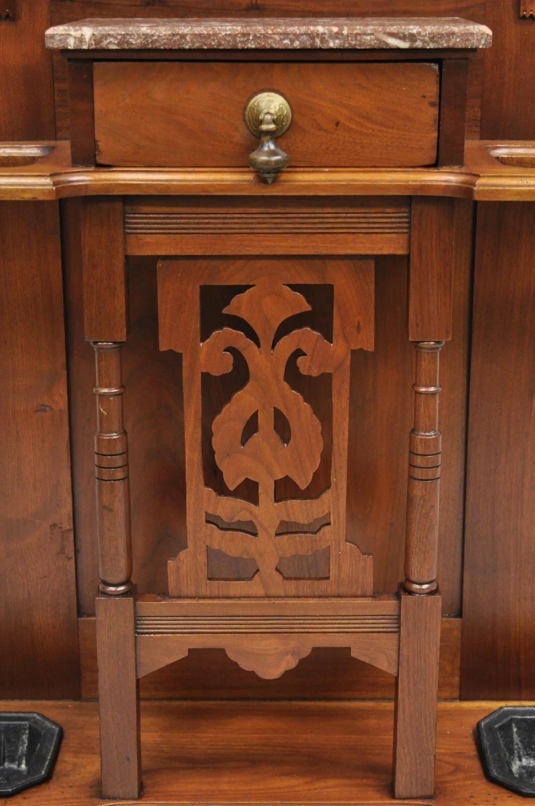 XIXe siècle Antique Eastlake Victorian Walnut Marble Top Umbrella Stand Hall Tree Mirror en vente