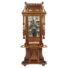 Antique Eastlake Victorian Walnut Marble Top Umbrella Stand Hall Tree Mirror