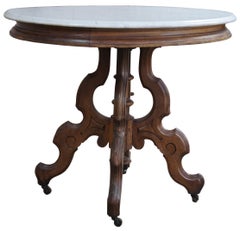Antique Eastlake Victorian Walnut Oval Marble Top Parlor Center Side Table