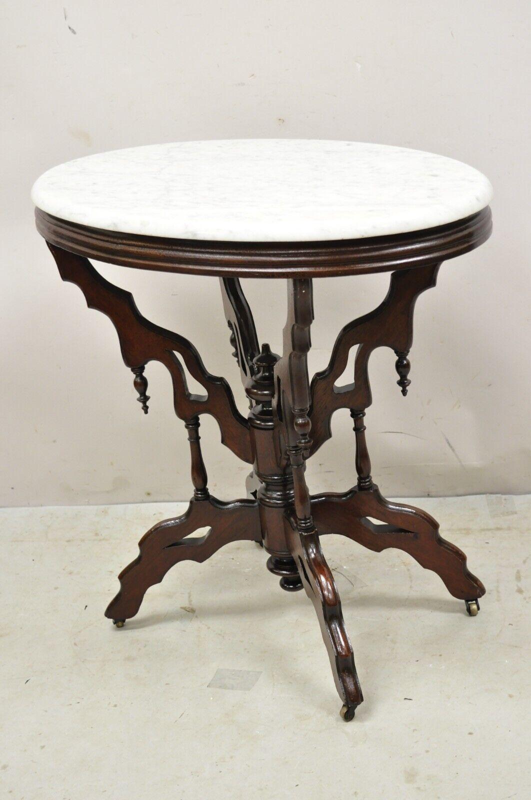 Antique Eastlake Victorian Walnut Oval Marble Top Parlor Lamp Table For Sale 6