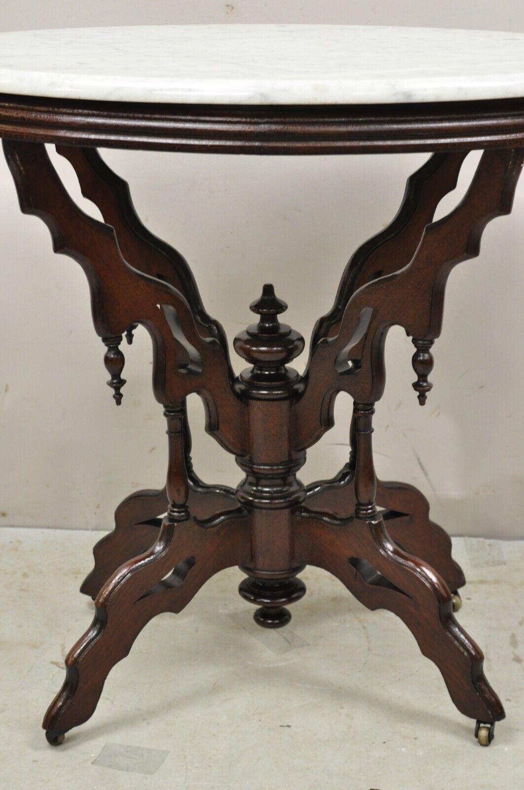 19th Century Antique Eastlake Victorian Walnut Oval Marble Top Parlor Lamp Table For Sale
