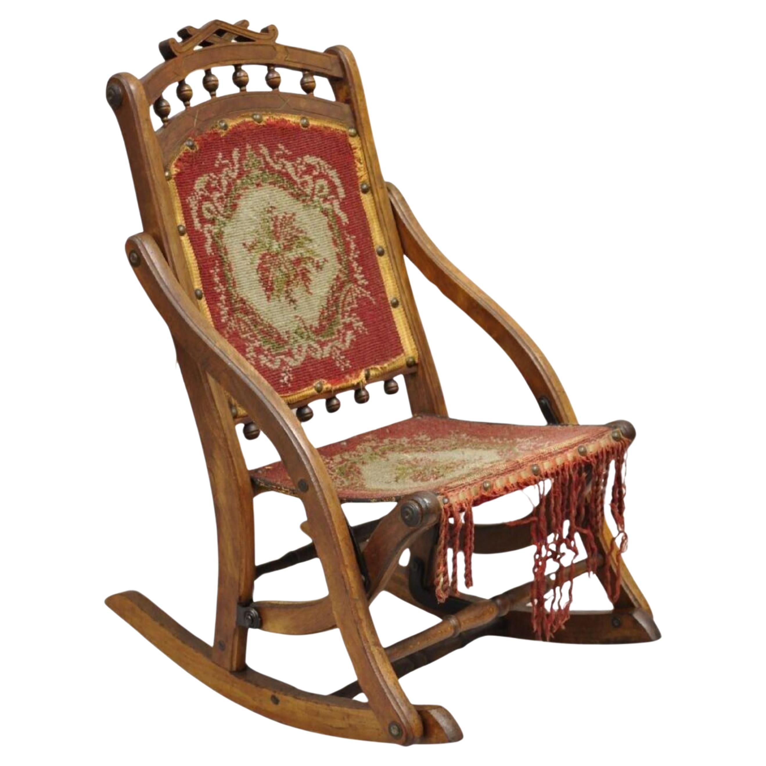 Antique Eastlake Victorian Walnut Small Child's Folding Rocker Rocking Chair For Sale