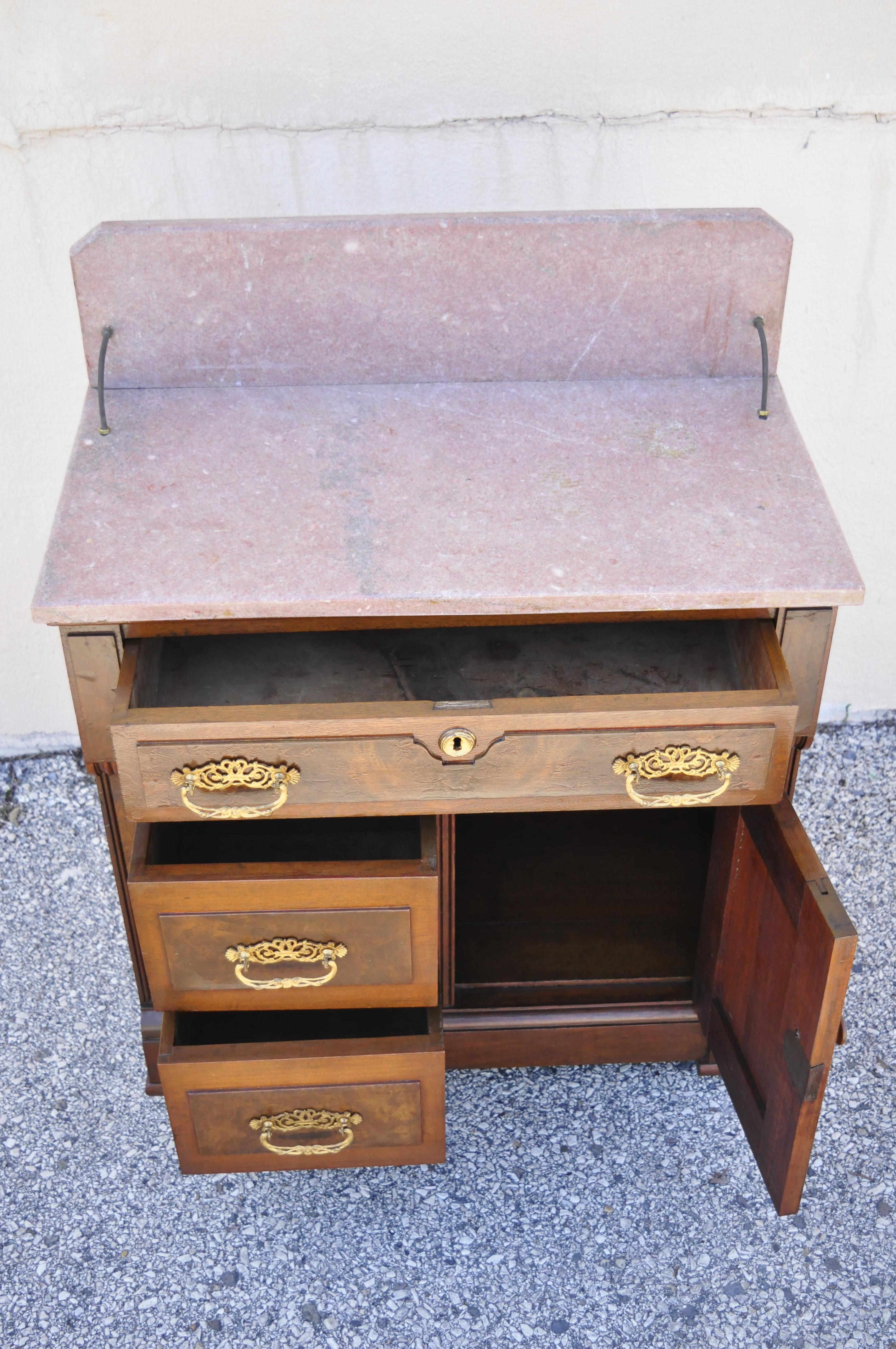 19th Century Antique Eastlake Victorian Walnut Washstand Commode with Marble Top Backsplash For Sale