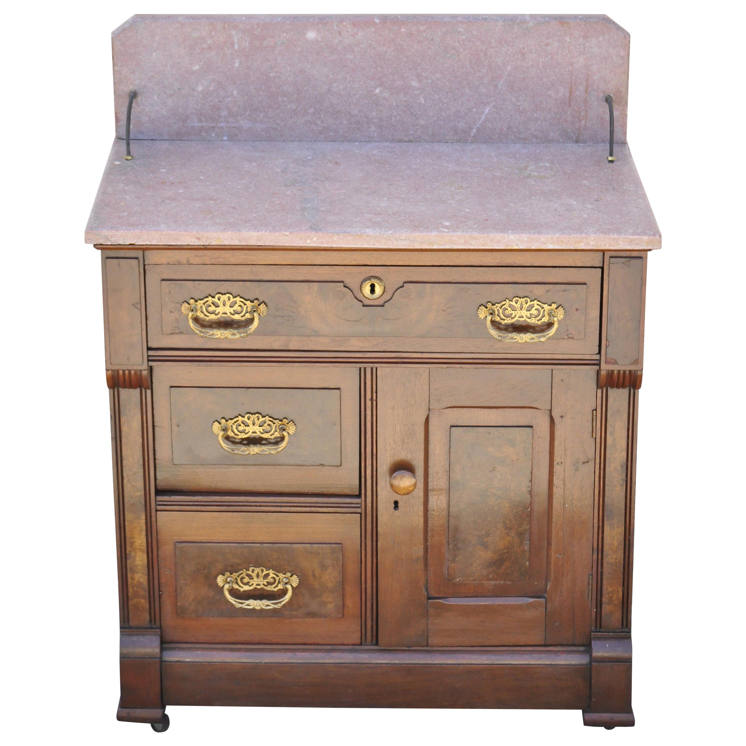 Antique Eastlake Victorian Walnut Washstand Commode with Marble Top Backsplash For Sale