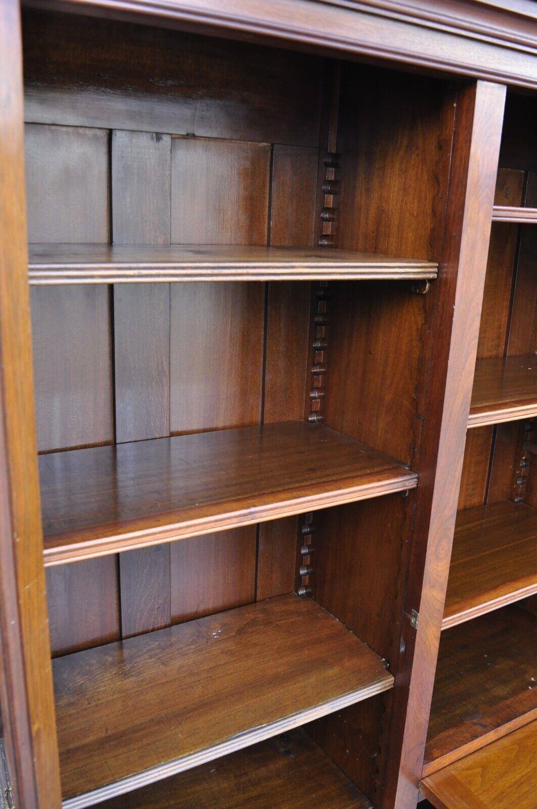 Antique Eastlake Victorian Walnut Wavy Glass Triple Bookcase Display Cabinet For Sale 7