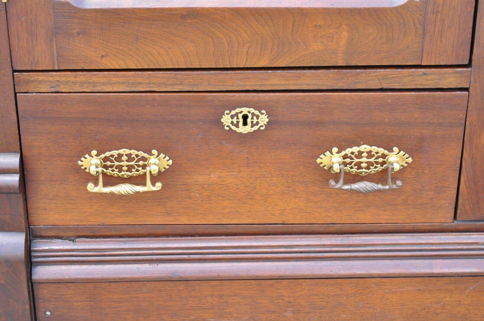 Ancienne Eastlake Victorian Walnut Wavy Glass Triple Bookcase Display Cabinet en vente 7