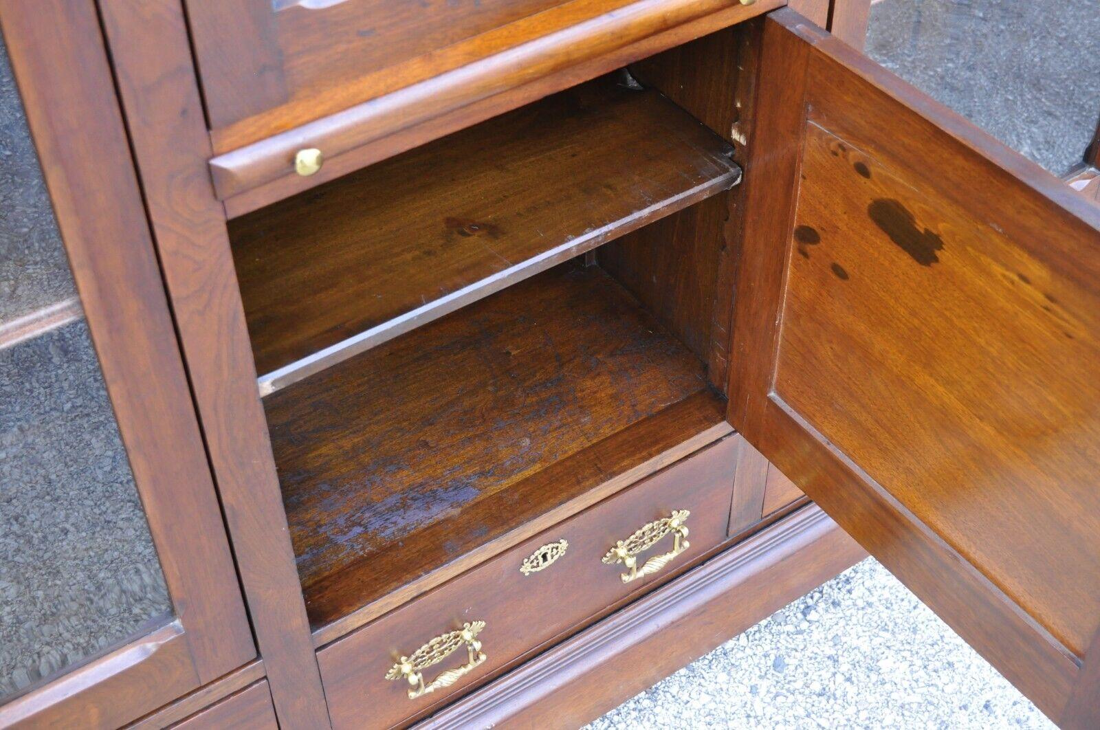 Antique Eastlake Victorian Walnut Wavy Glass Triple Bookcase Display Cabinet For Sale 4