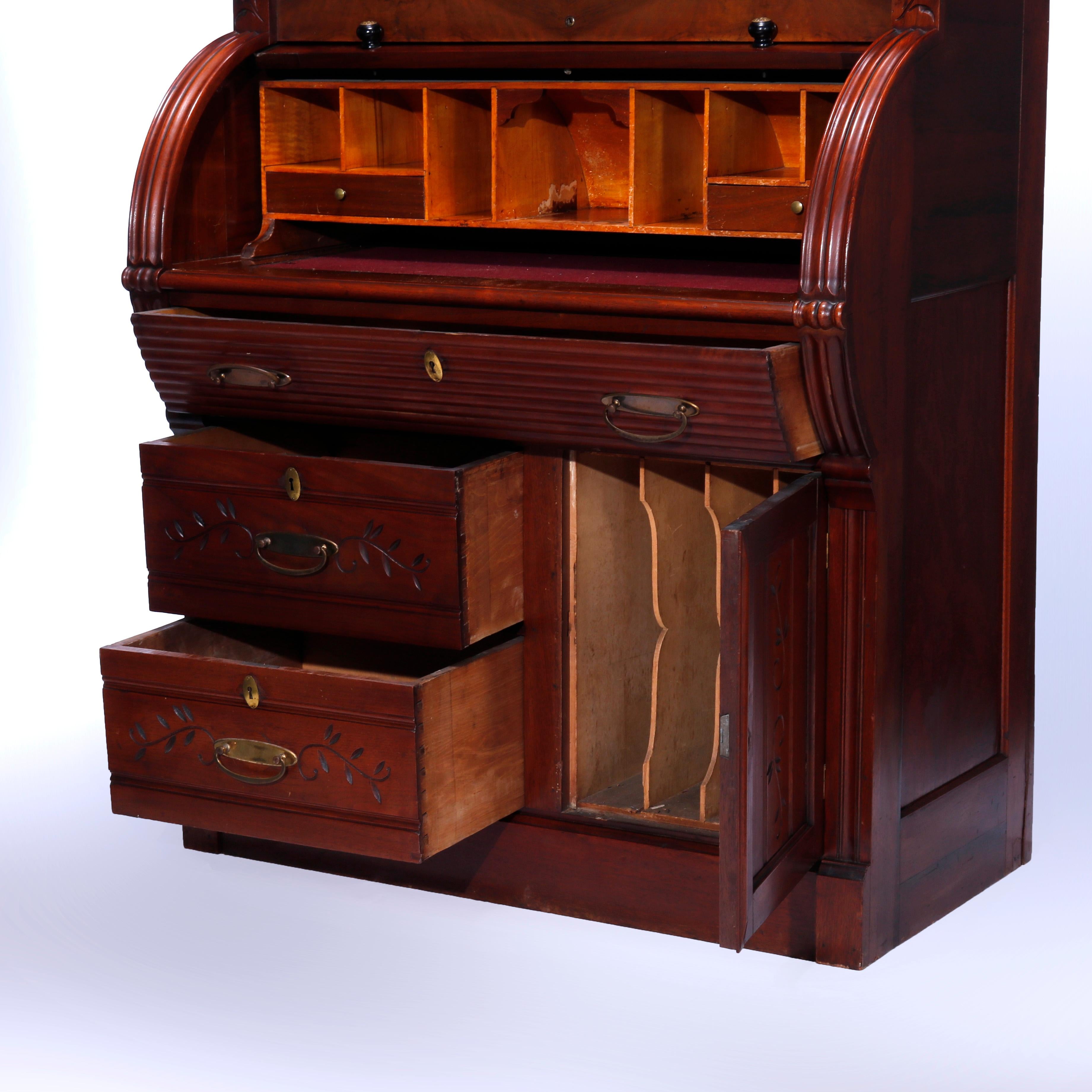 Antique Eastlake Walnut & Burl Barrel Roll Secretary Desk, Circa 1890 1