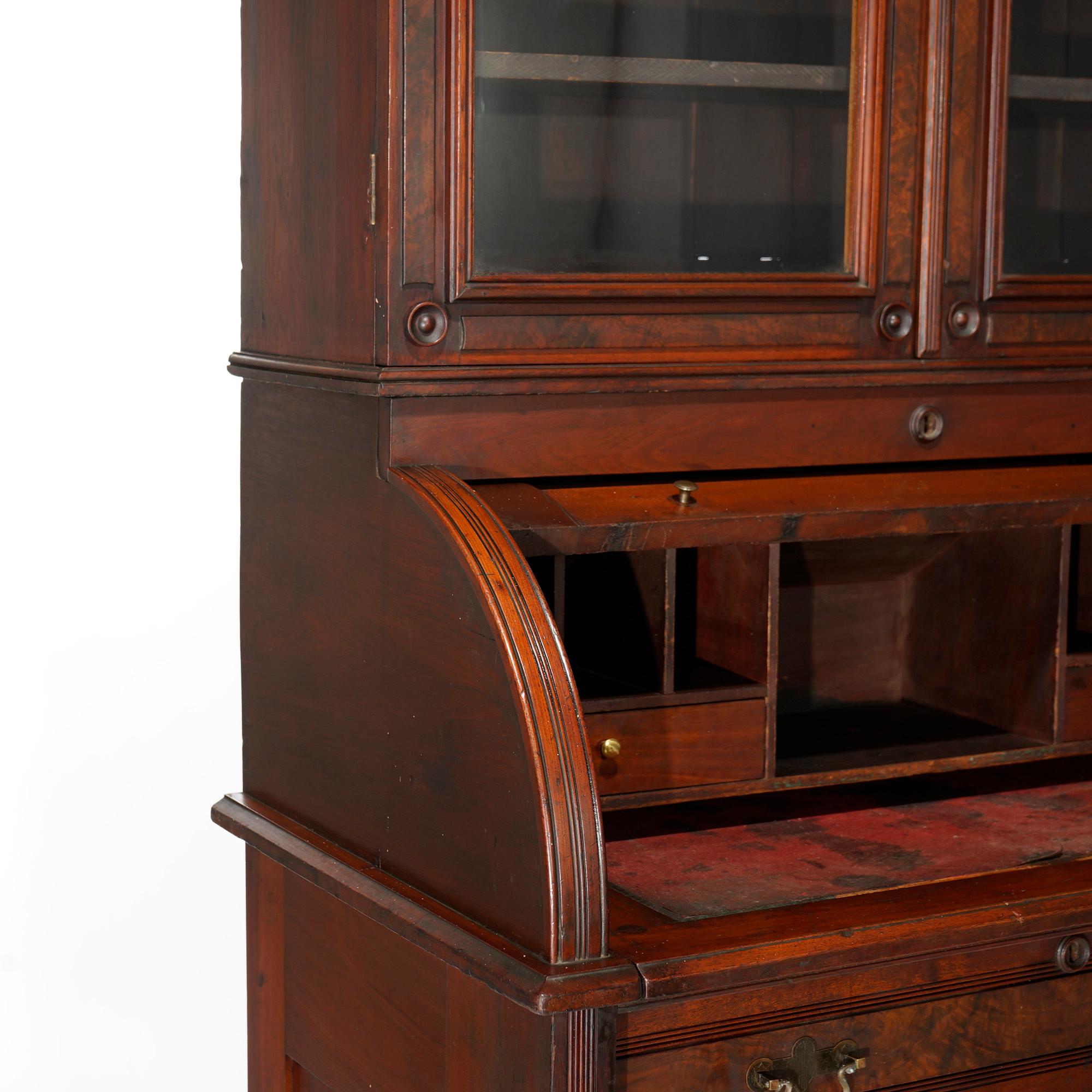 Antique Eastlake Walnut & Burl Barrel Roll Secretary Desk with Carved Ivy, c1890 4