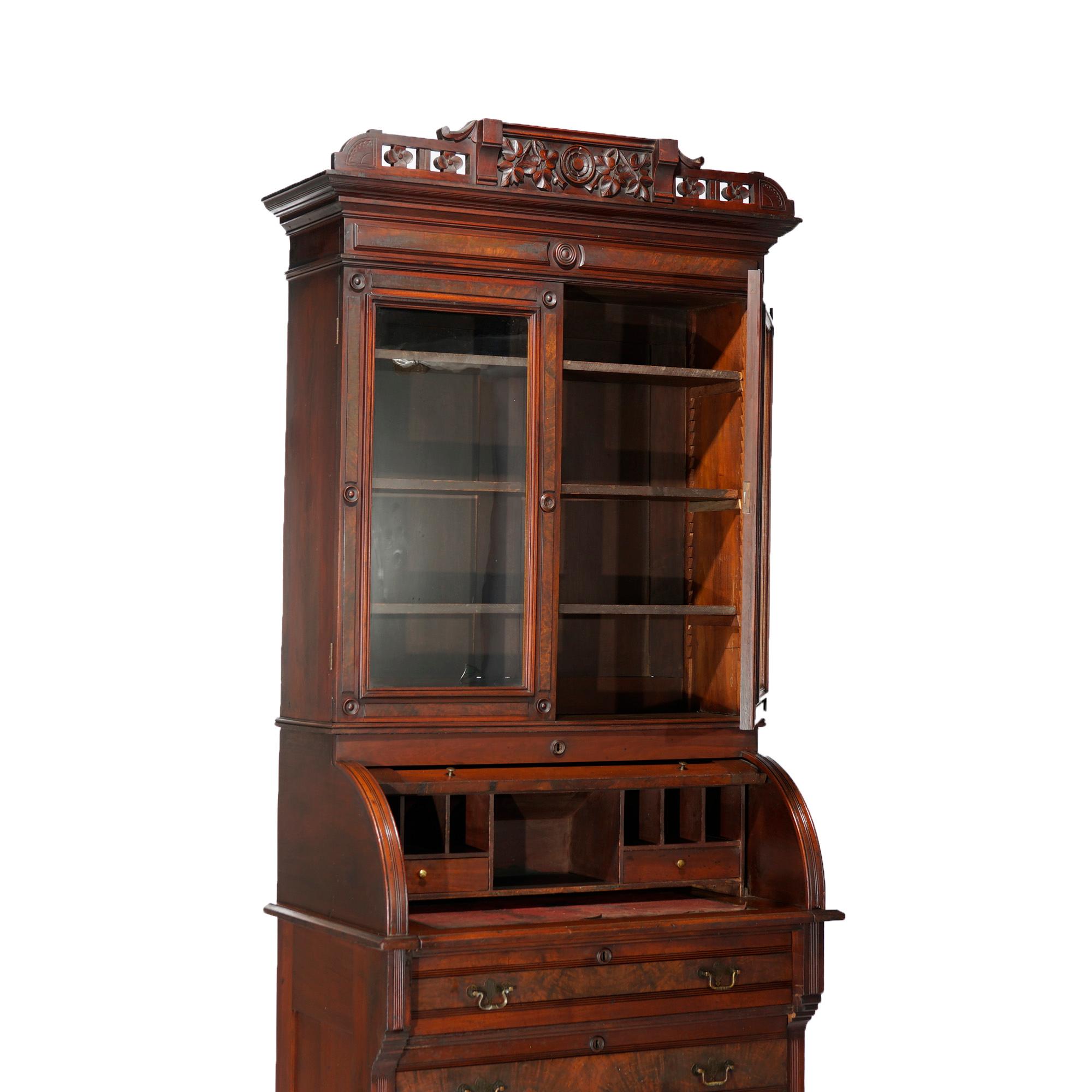 Antique Eastlake Walnut & Burl Barrel Roll Secretary Desk with Carved Ivy, c1890 2