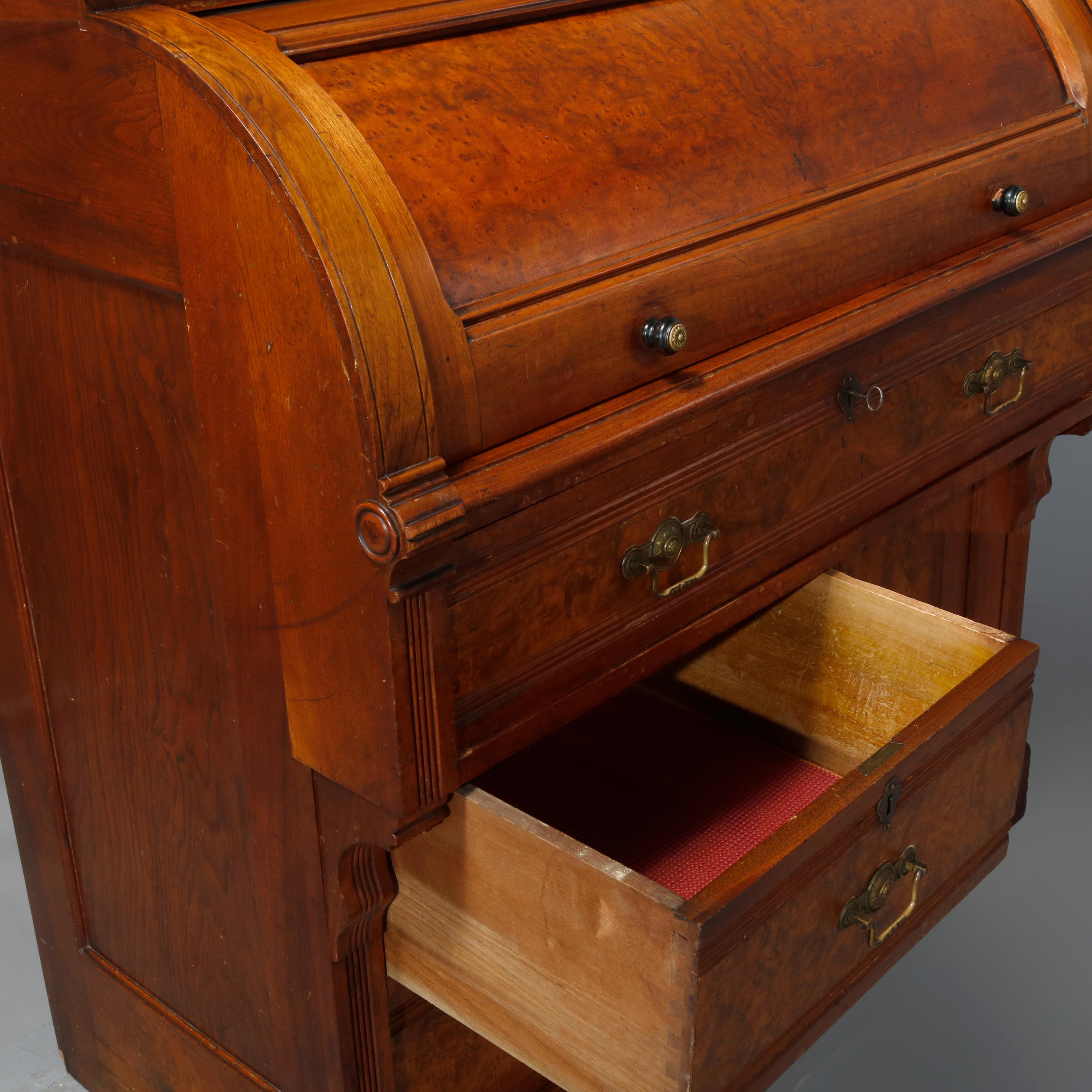 Antique Eastlake Walnut & Burl Cylinder Roll Desk Bookcase, Circa 1890 3