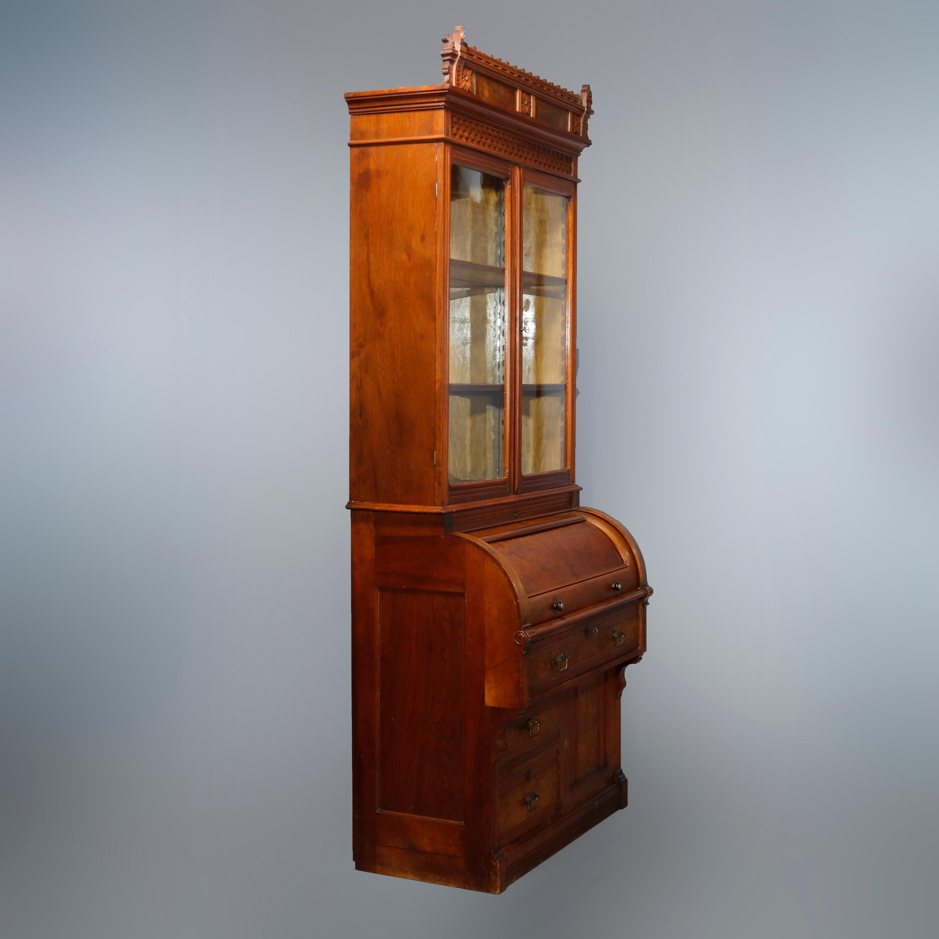Antique Eastlake Walnut & Burl Cylinder Roll Desk Bookcase, Circa 1890 6