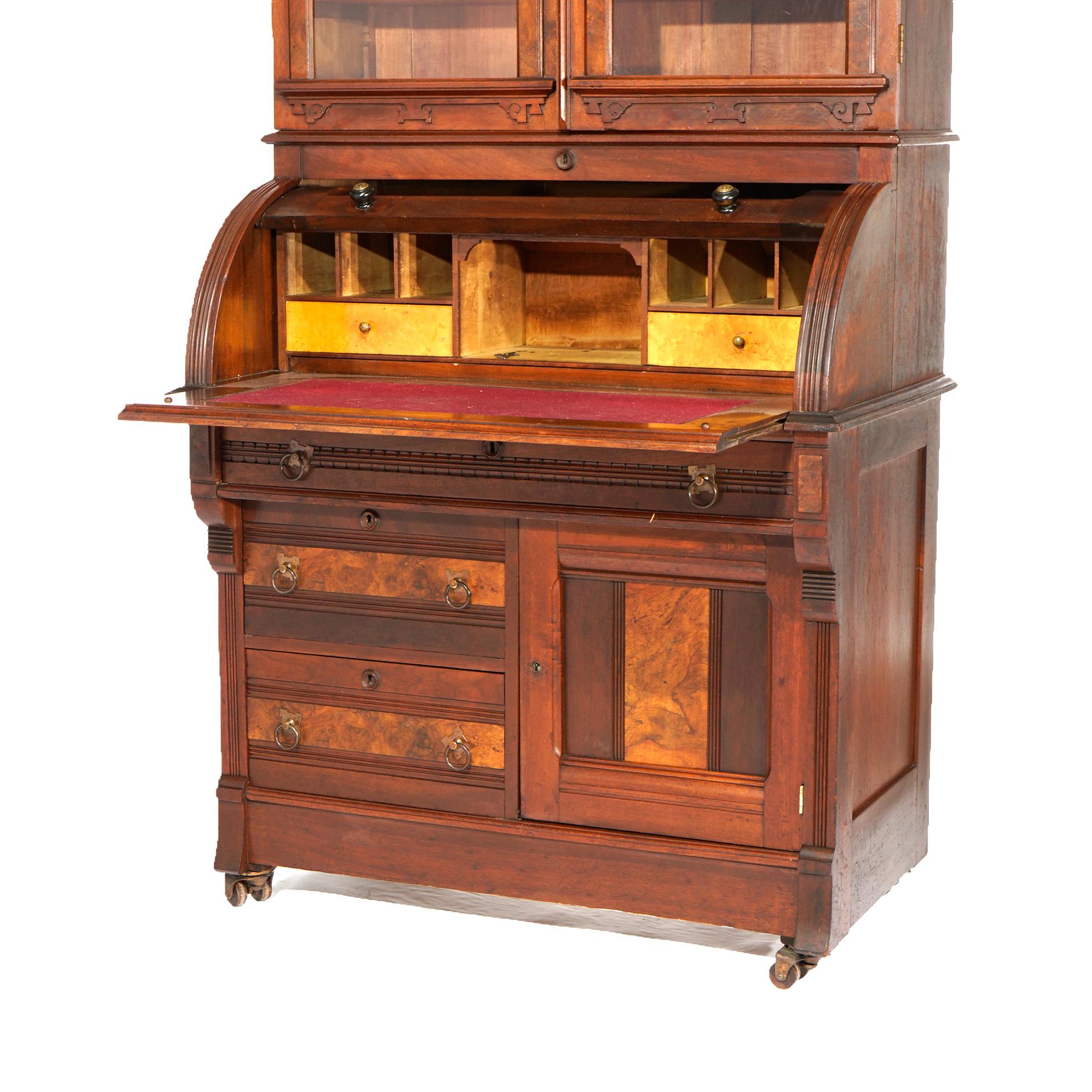 Antique Eastlake Walnut & Burl Cylinder Roll Top Secretary Desk, Circa 1890 3