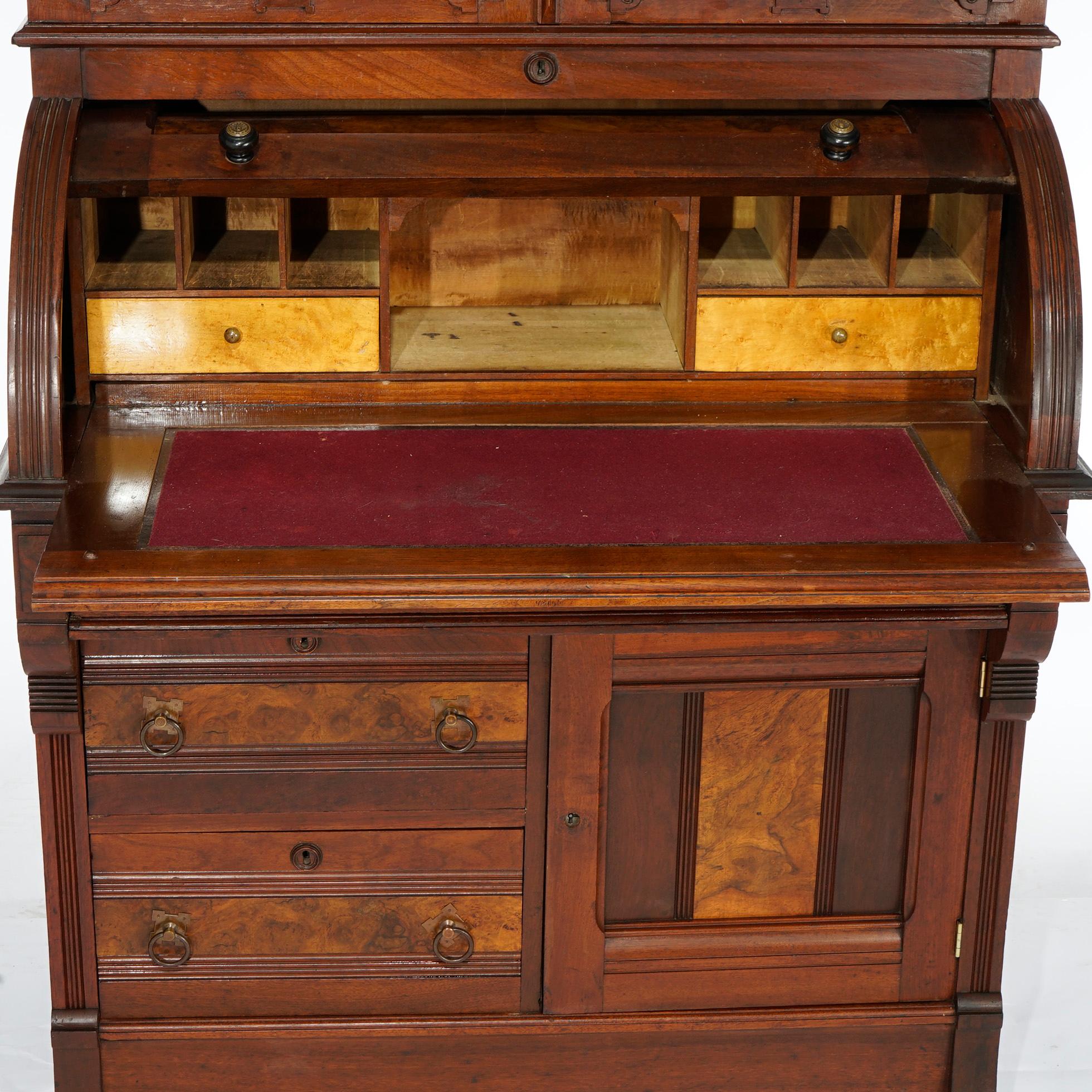 Antique Eastlake Walnut & Burl Cylinder Roll Top Secretary Desk, Circa 1890 4