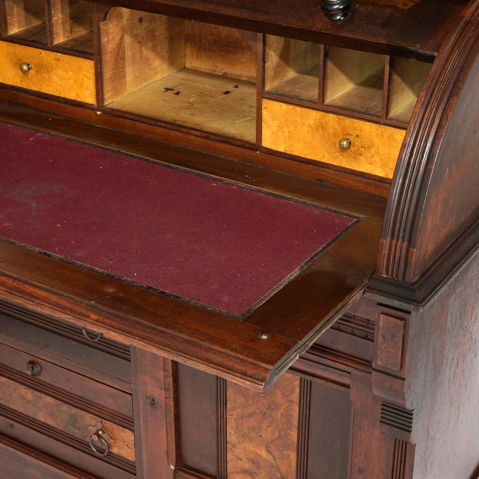 Antique Eastlake Walnut & Burl Cylinder Roll Top Secretary Desk, Circa 1890 5