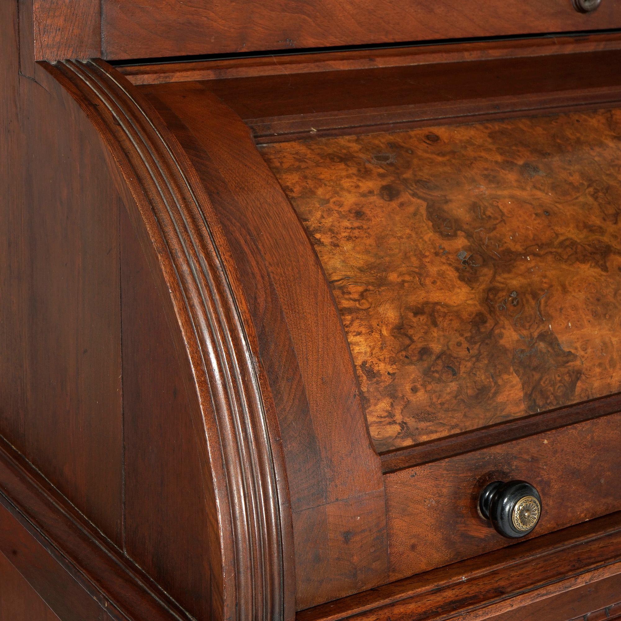 Antique Eastlake Walnut & Burl Cylinder Roll Top Secretary Desk, Circa 1890 7