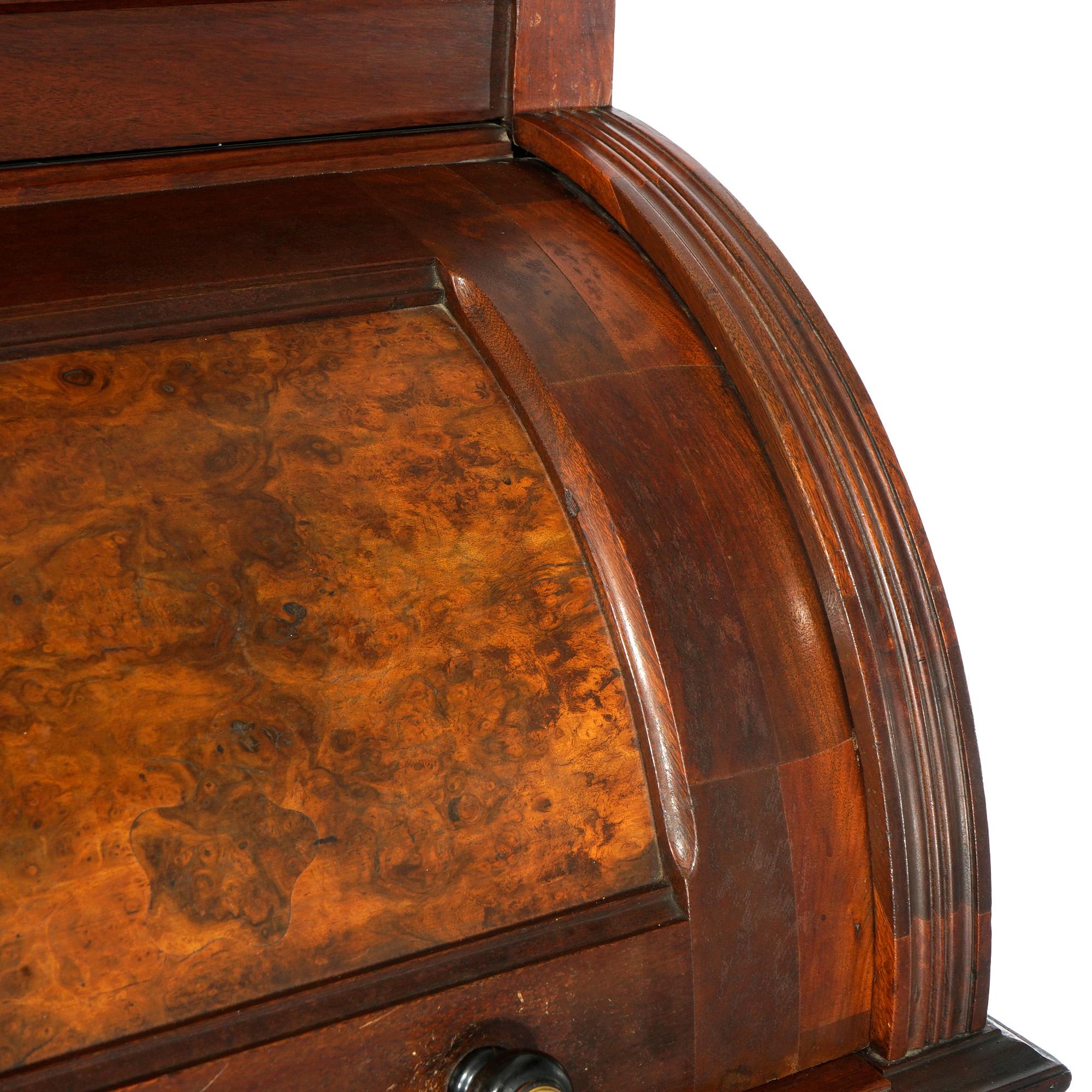 Antique Eastlake Walnut & Burl Cylinder Roll Top Secretary Desk, Circa 1890 8