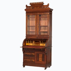 Antique Eastlake Walnut & Burl Cylinder Roll Top Secretary Desk, Circa 1890