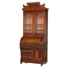 Antique Eastlake Walnut & Burl Cylinder Roll Top Secretary Desk, Circa 1890