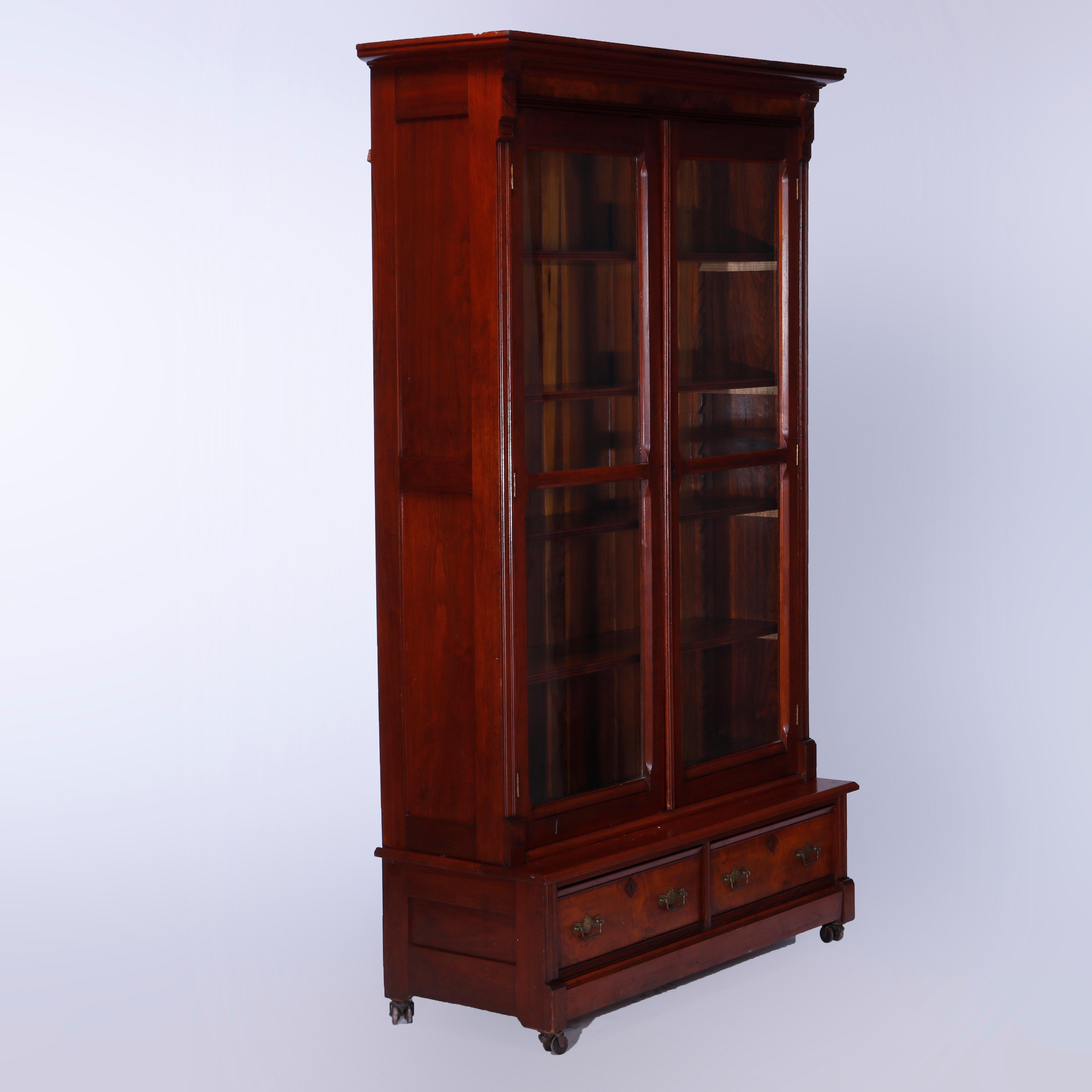 Antique Eastlake Walnut & Burl Double Door Bookcase Circa 1890 15