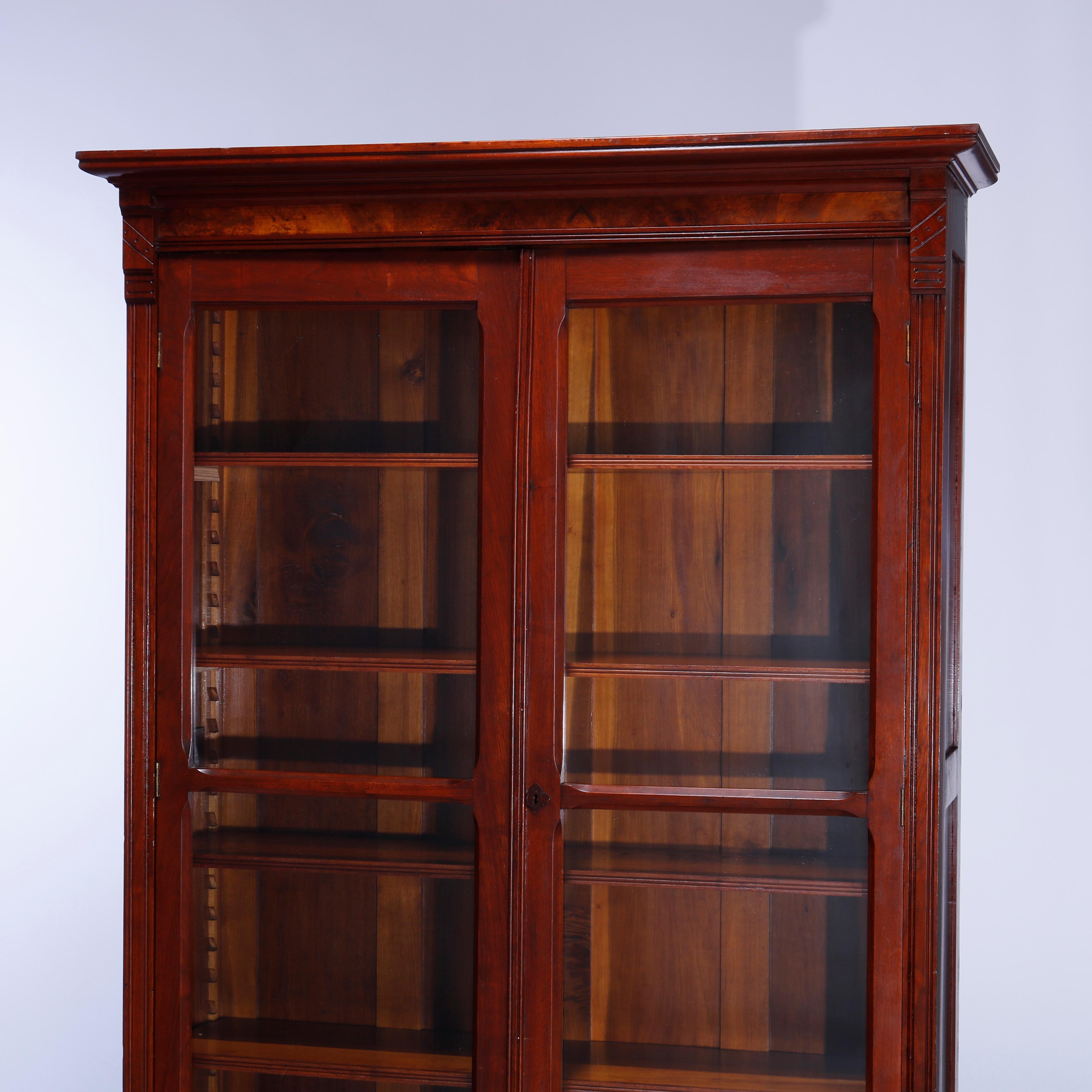 American Antique Eastlake Walnut & Burl Double Door Bookcase Circa 1890