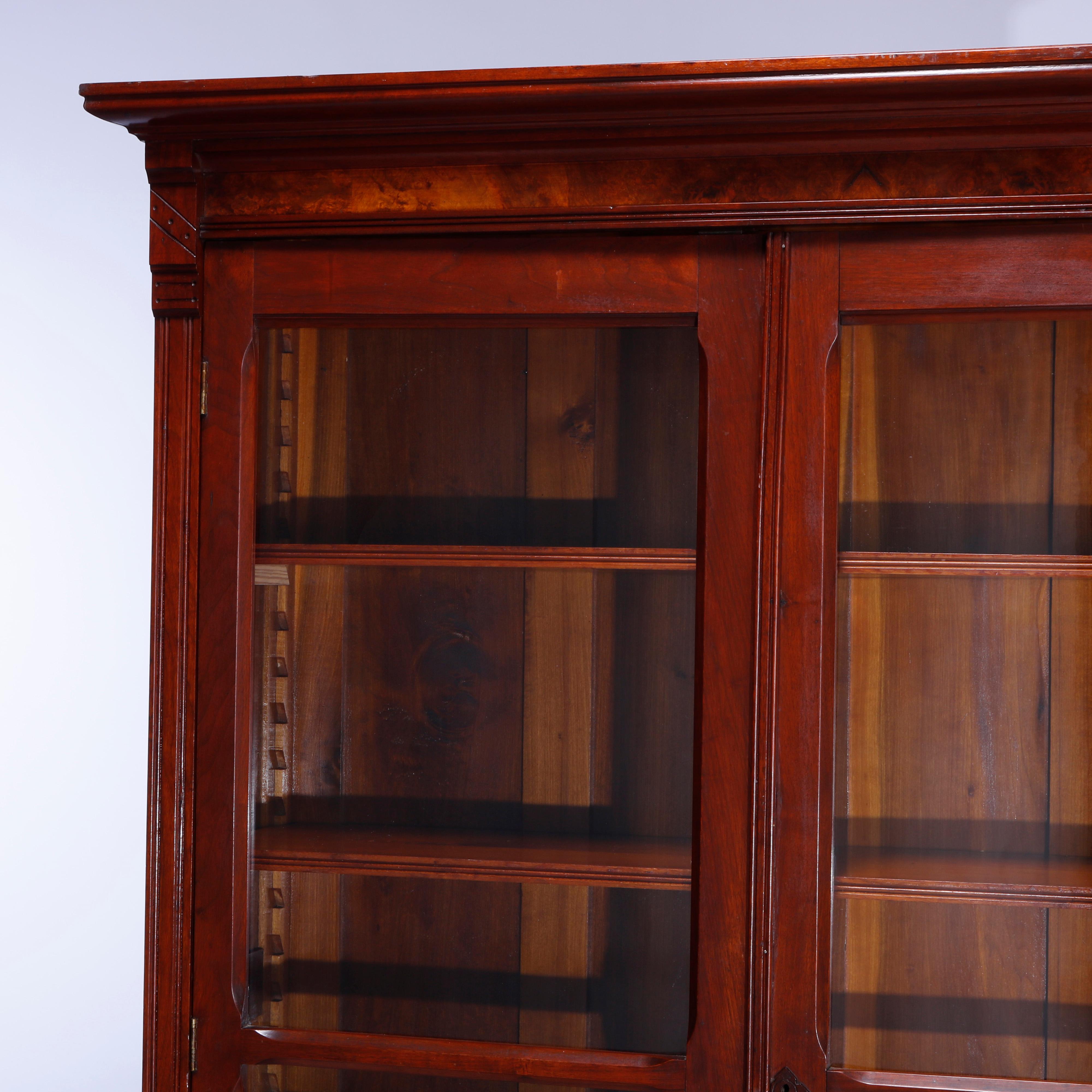 19th Century Antique Eastlake Walnut & Burl Double Door Bookcase Circa 1890