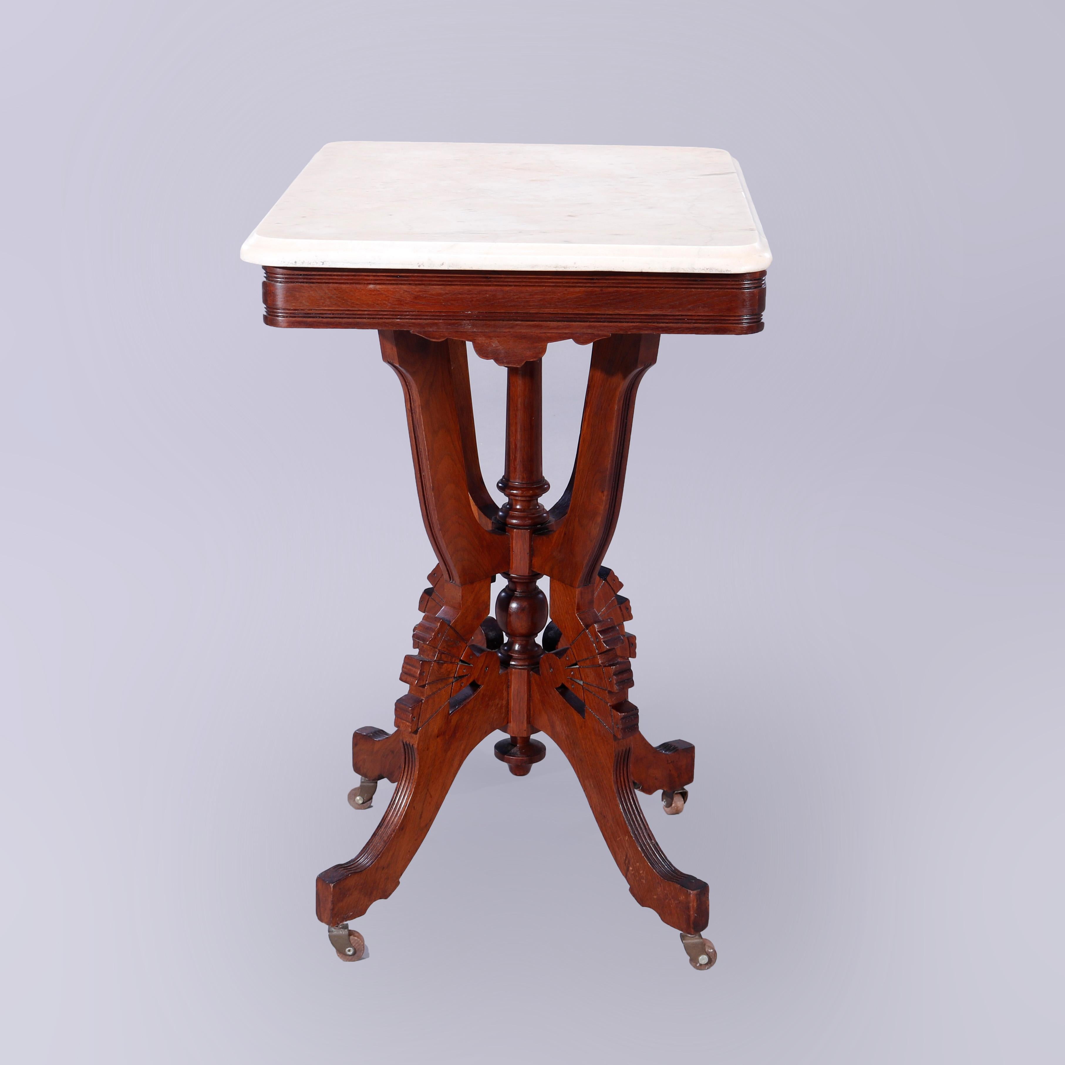 American Antique Eastlake Walnut, Burl & Marble Parlor Table, c1890
