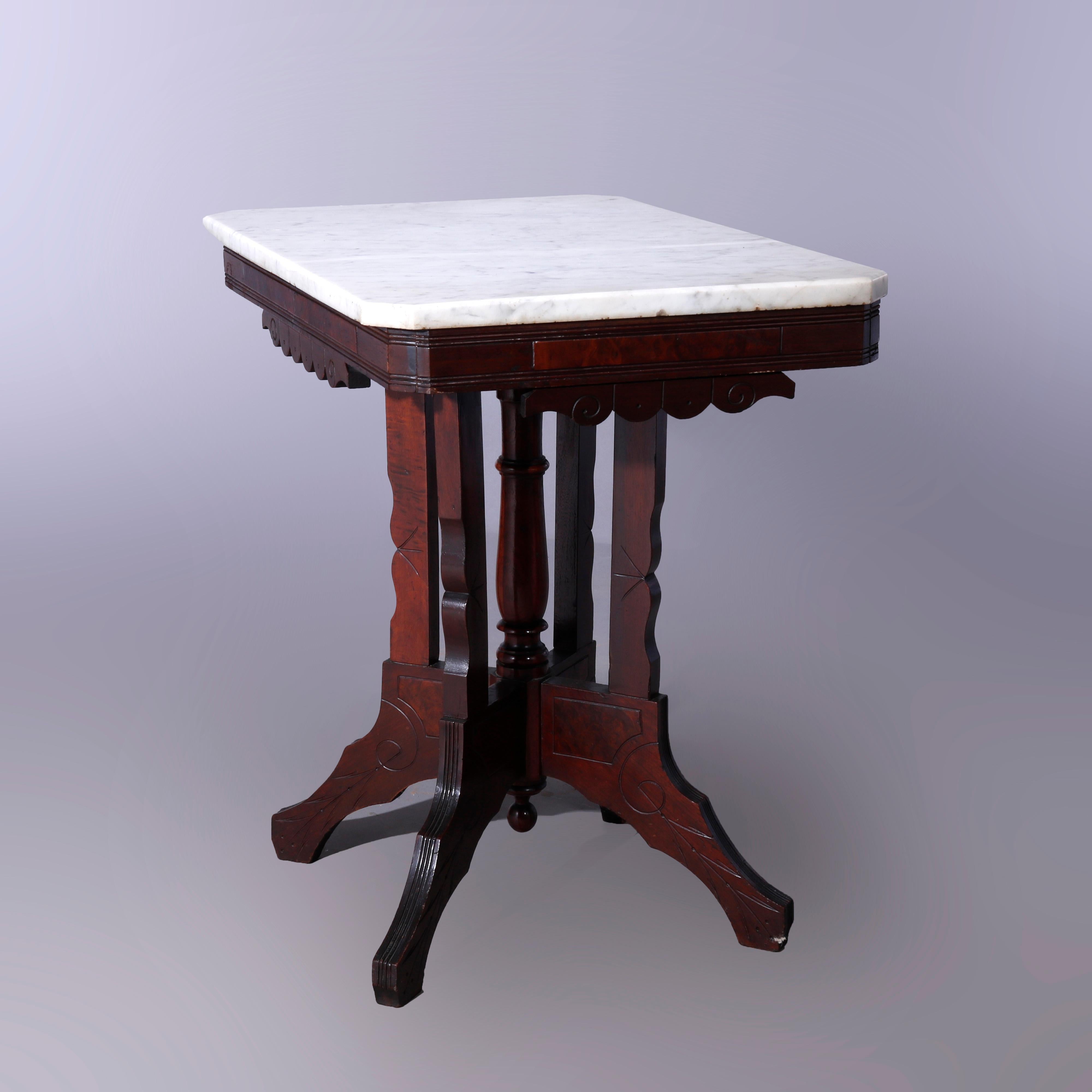 Antiker Parlor-Tisch aus Eastlake-Walnussholz, Wurzelholz und Marmor, um 1890 (19. Jahrhundert) im Angebot