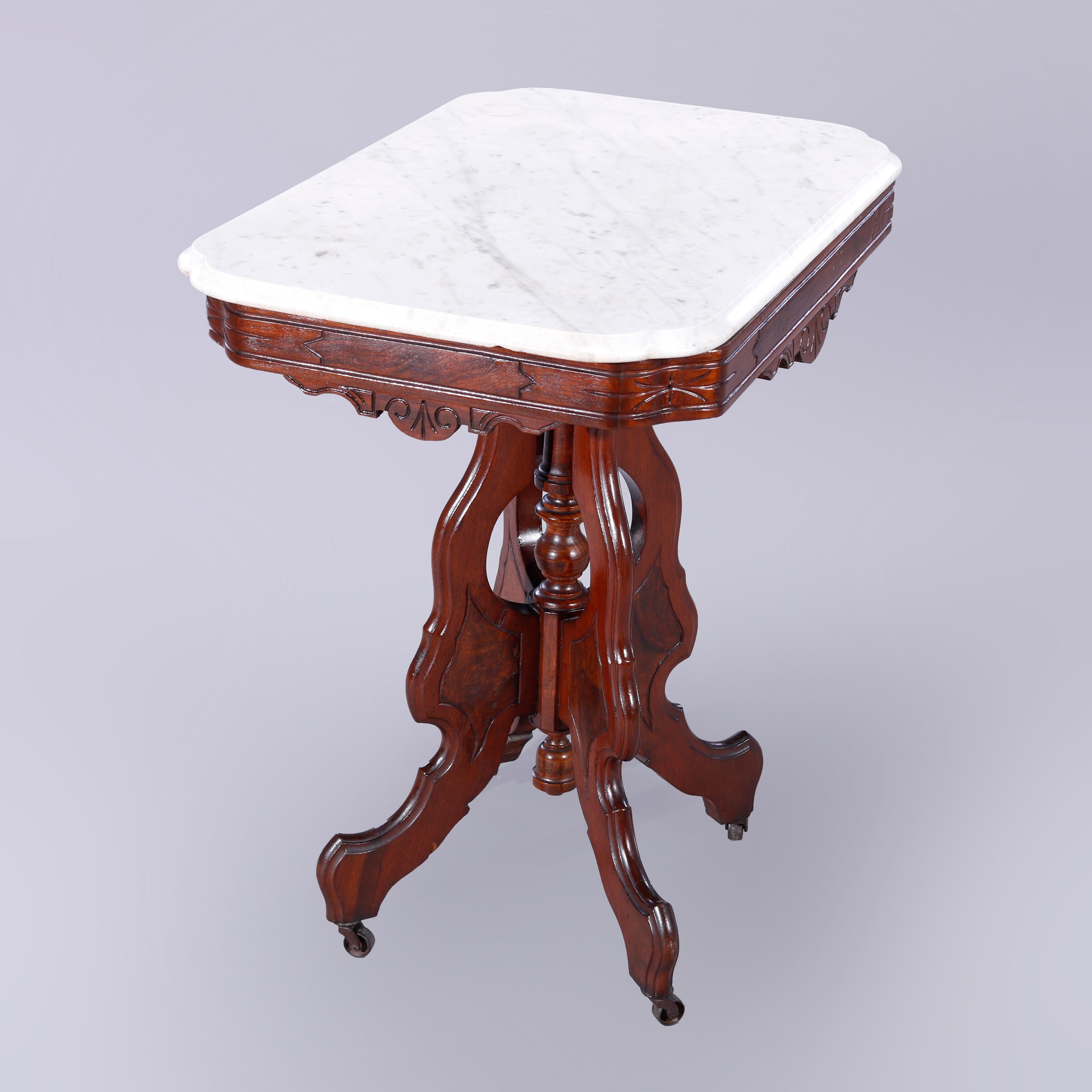 American Antique Eastlake Walnut, Burl & Marble Parlor Table, c1890
