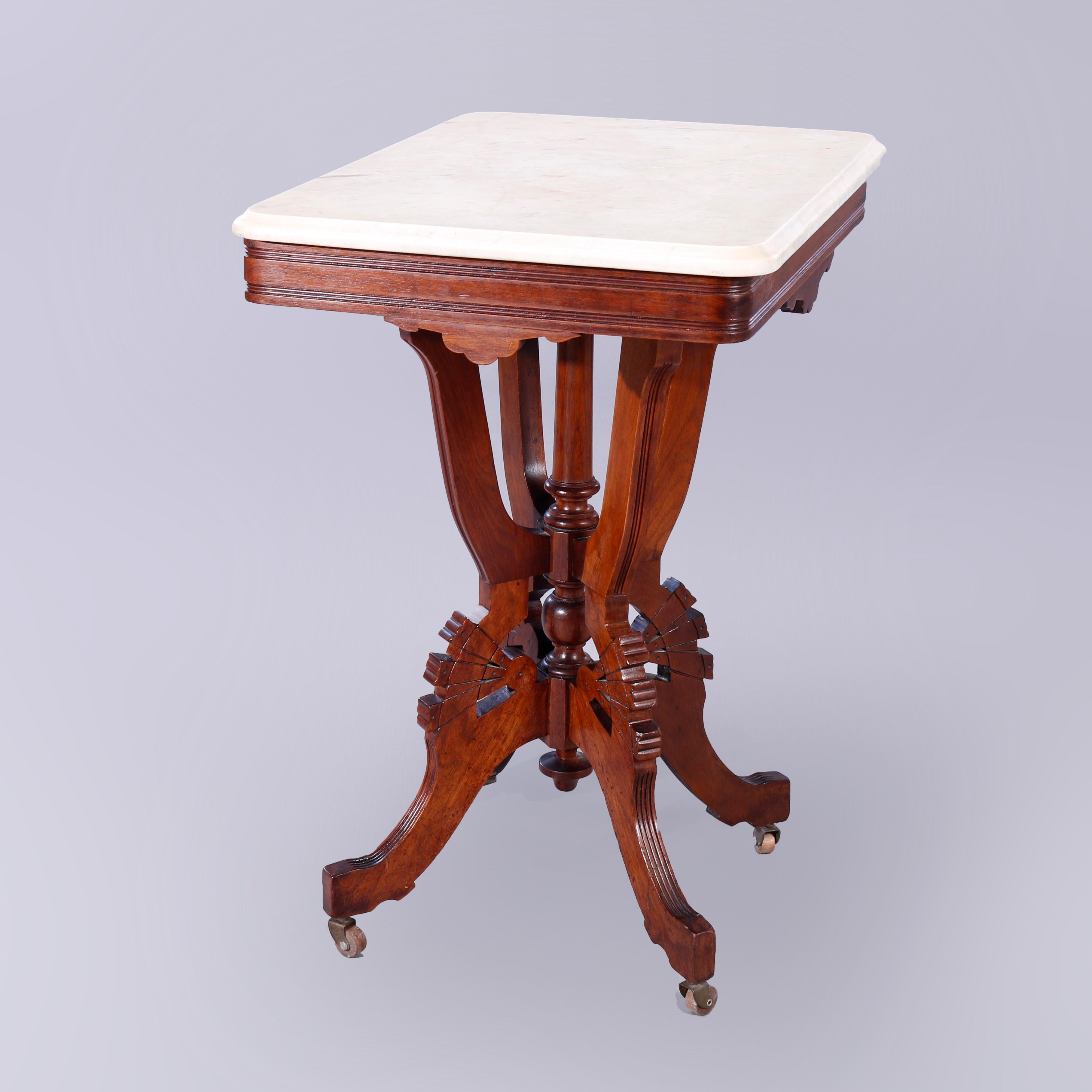 Beveled Antique Eastlake Walnut, Burl & Marble Parlor Table, c1890