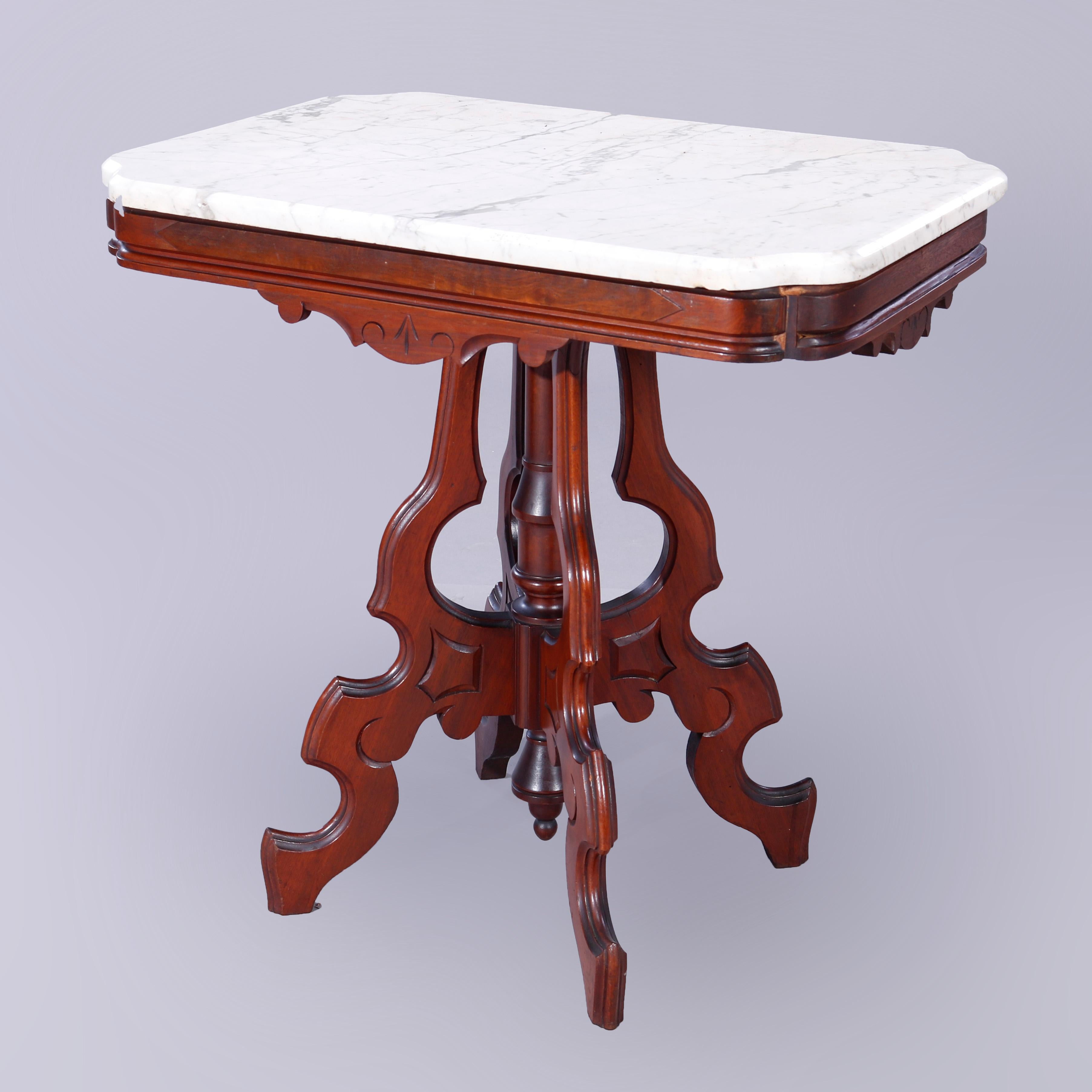 American Antique Eastlake Walnut, Burl & Marble Parlor Table, c1890