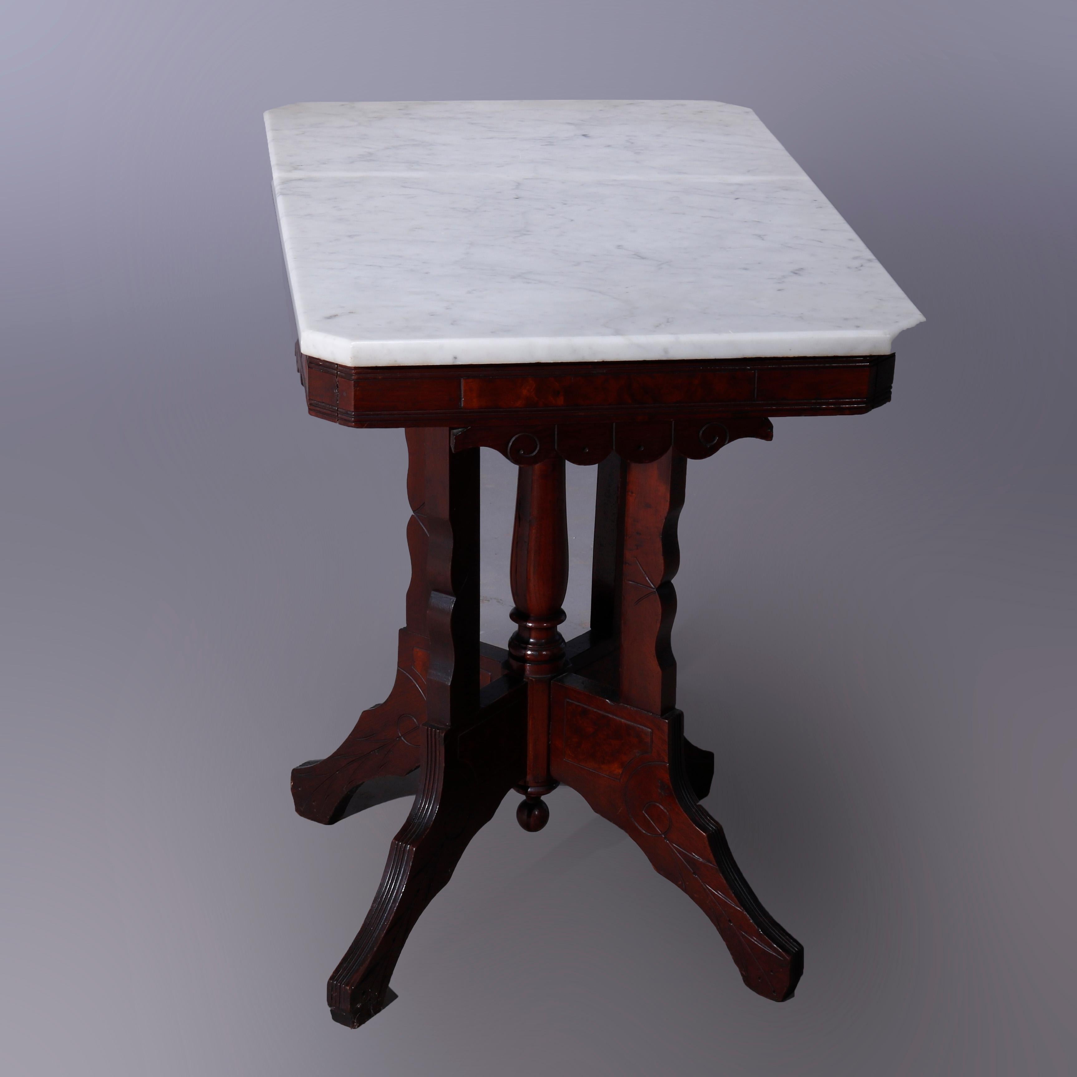 Antiker Parlor-Tisch aus Eastlake-Walnussholz, Wurzelholz und Marmor, um 1890 im Angebot 1