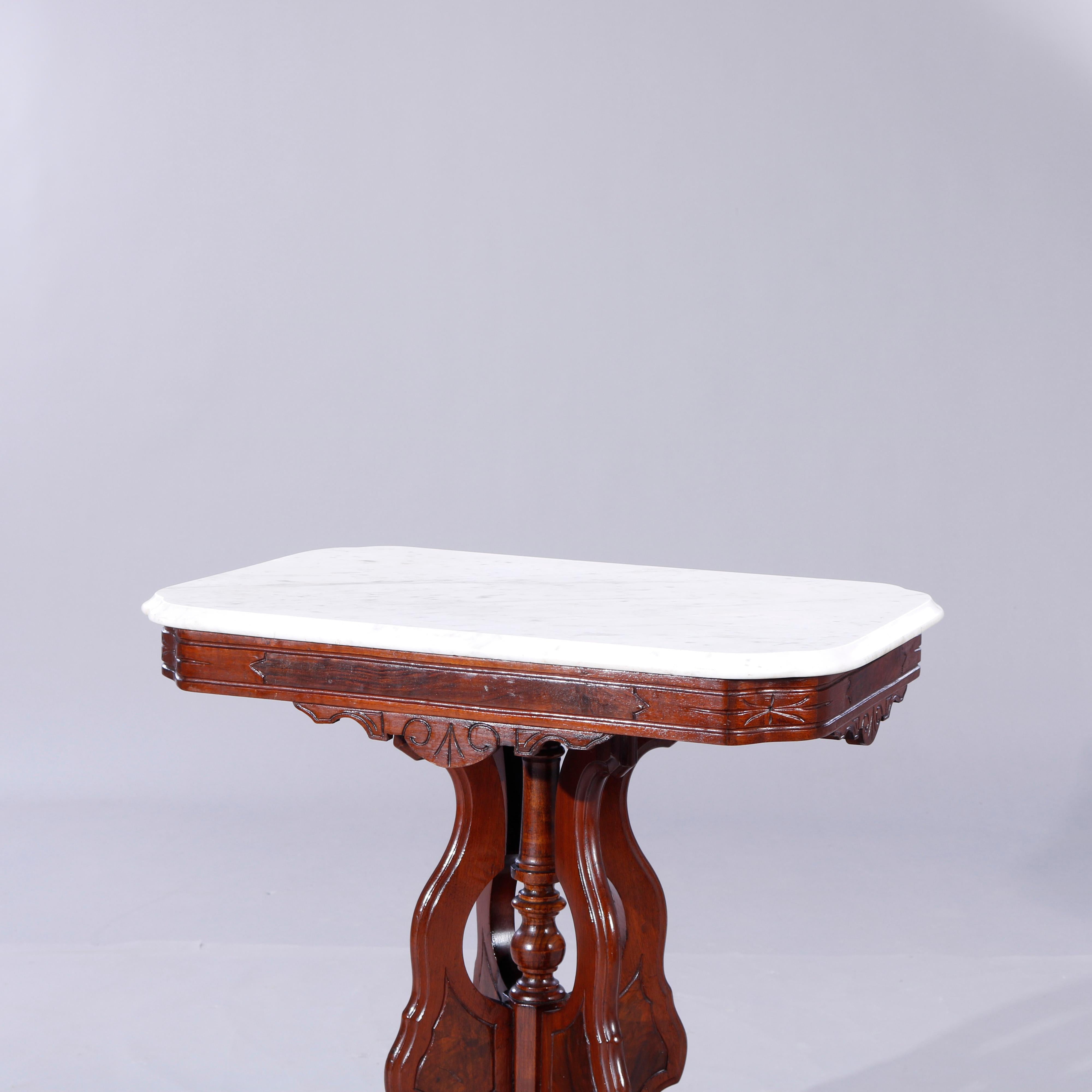 Beveled Antique Eastlake Walnut, Burl & Marble Parlor Table, c1890