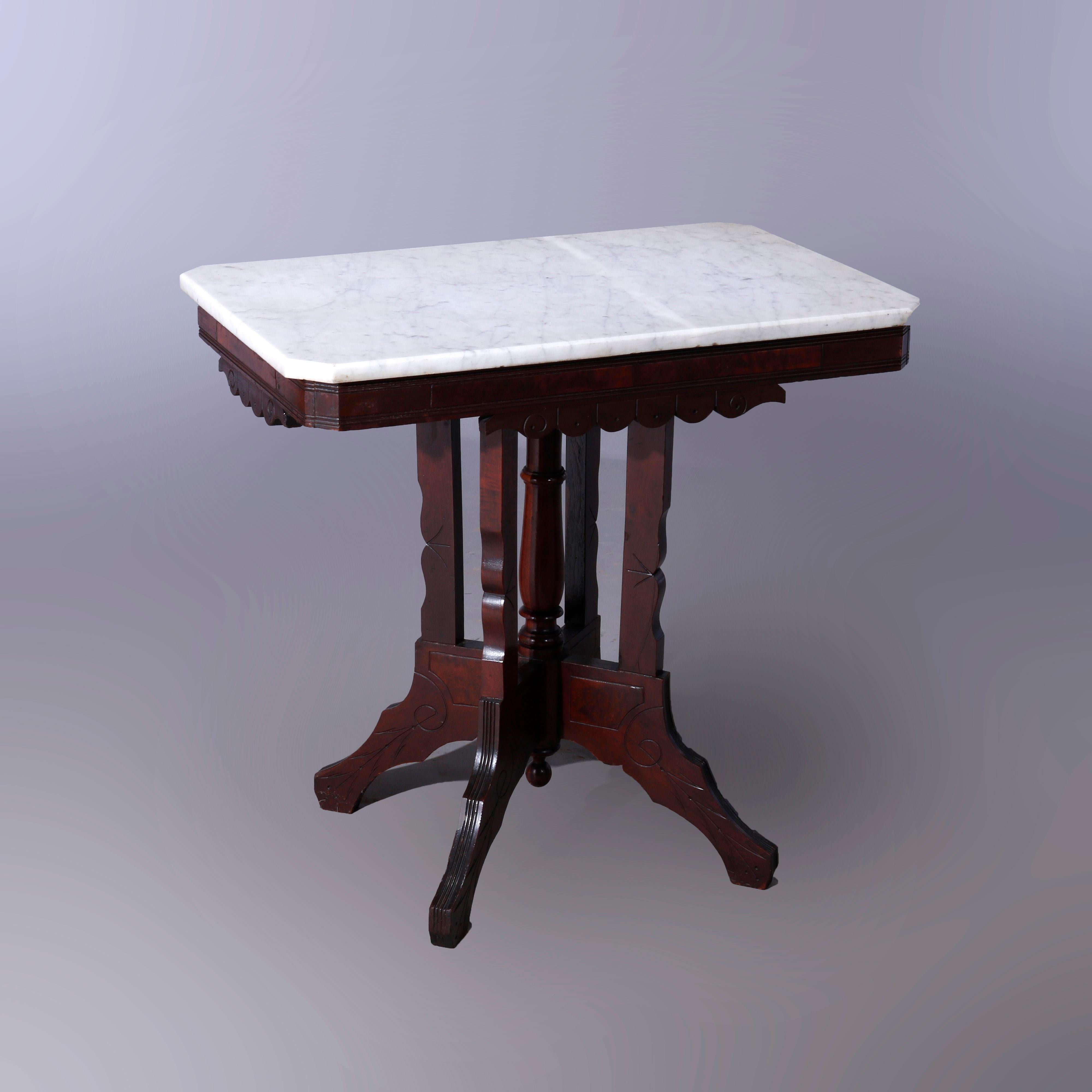 Antiker Parlor-Tisch aus Eastlake-Walnussholz, Wurzelholz und Marmor, um 1890 im Angebot 2
