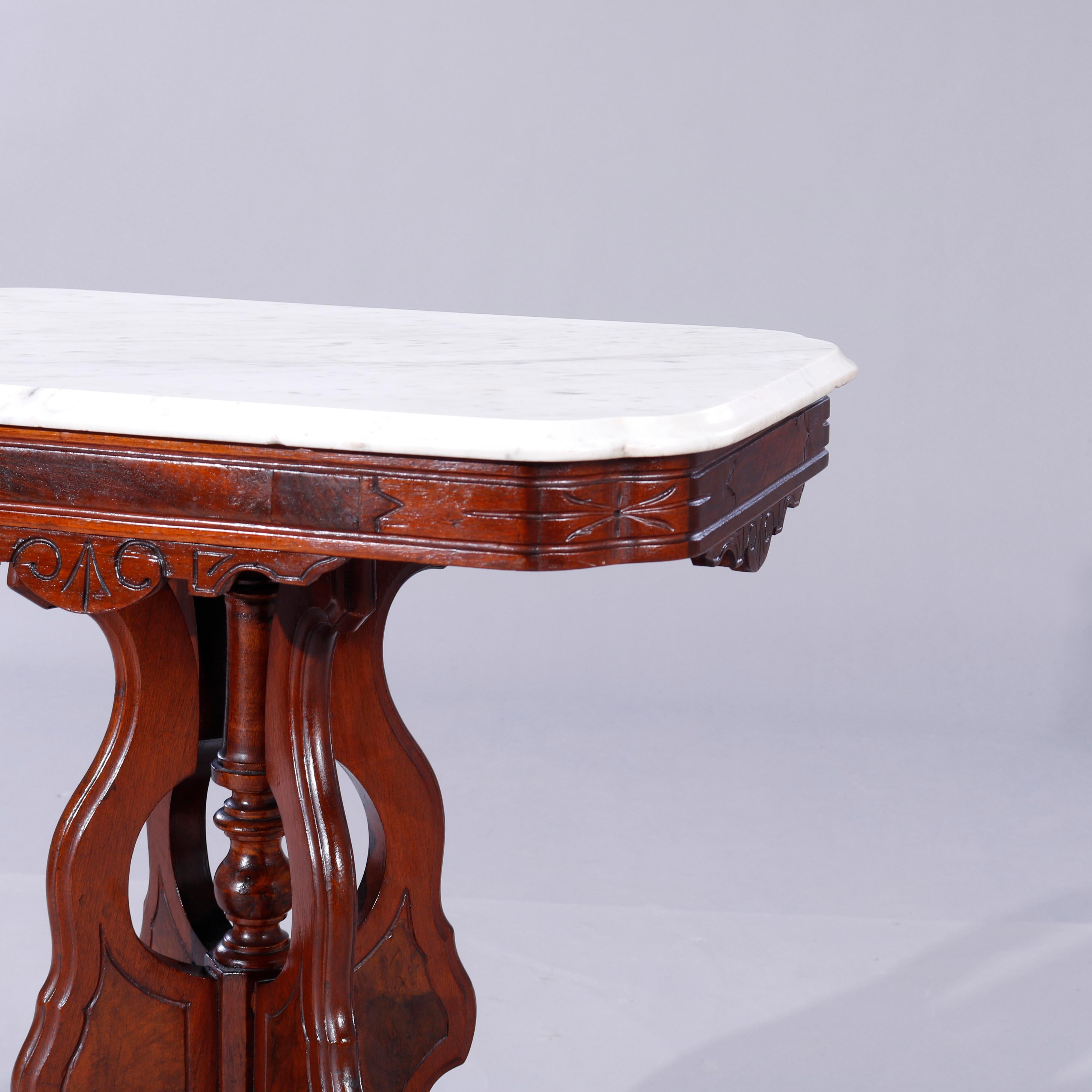 Antique Eastlake Walnut, Burl & Marble Parlor Table, c1890 In Good Condition In Big Flats, NY