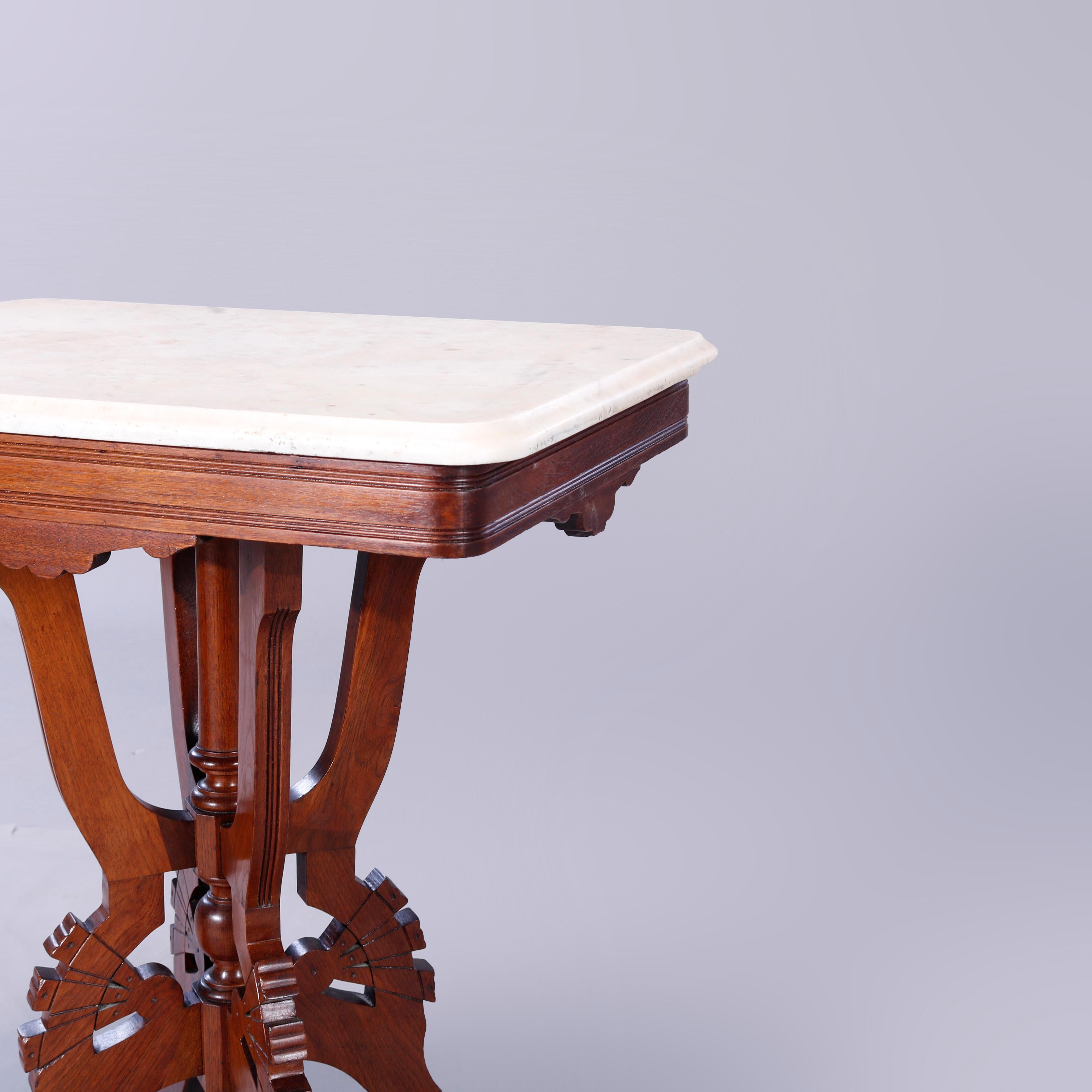 19th Century Antique Eastlake Walnut, Burl & Marble Parlor Table, c1890