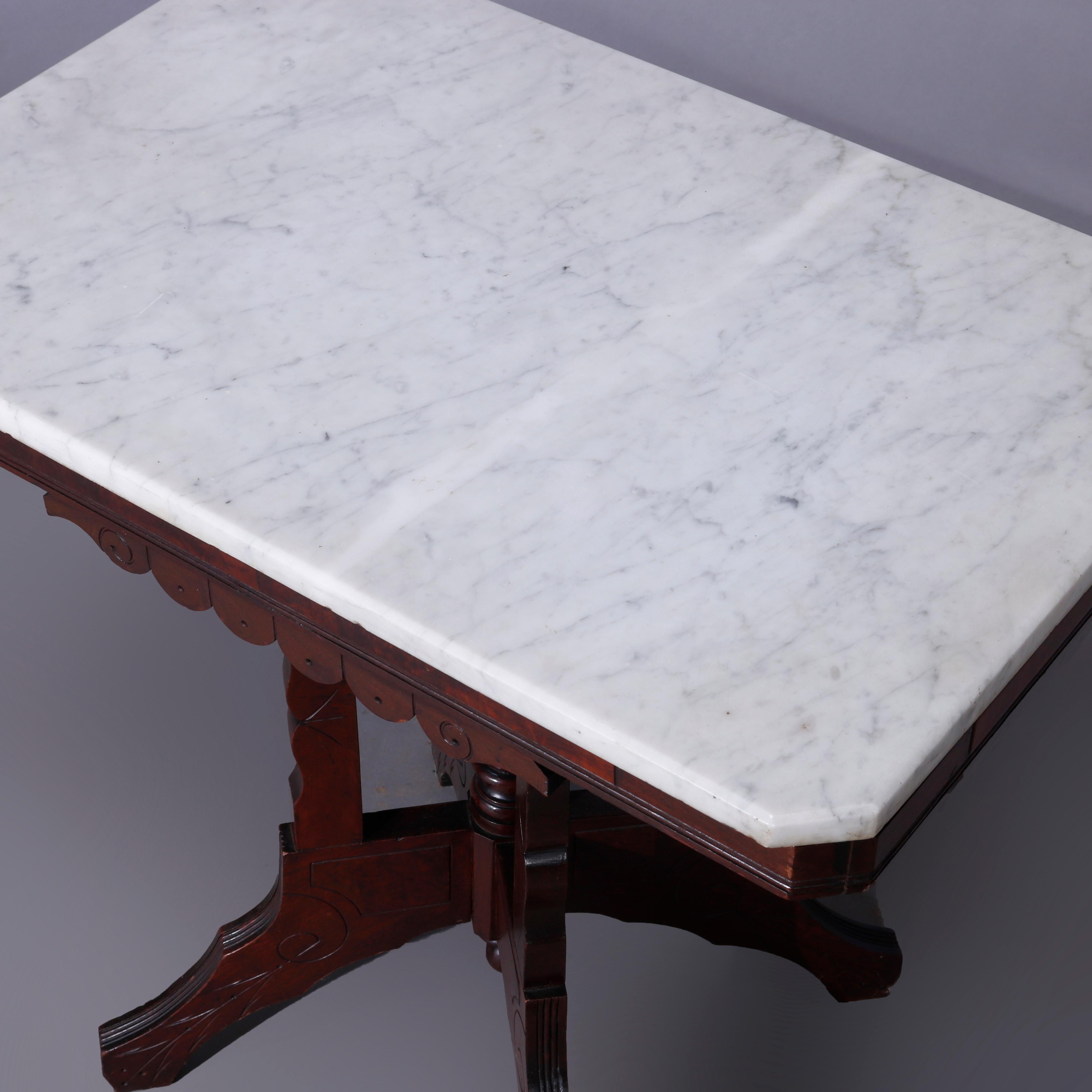 Antiker Parlor-Tisch aus Eastlake-Walnussholz, Wurzelholz und Marmor, um 1890 im Angebot 3