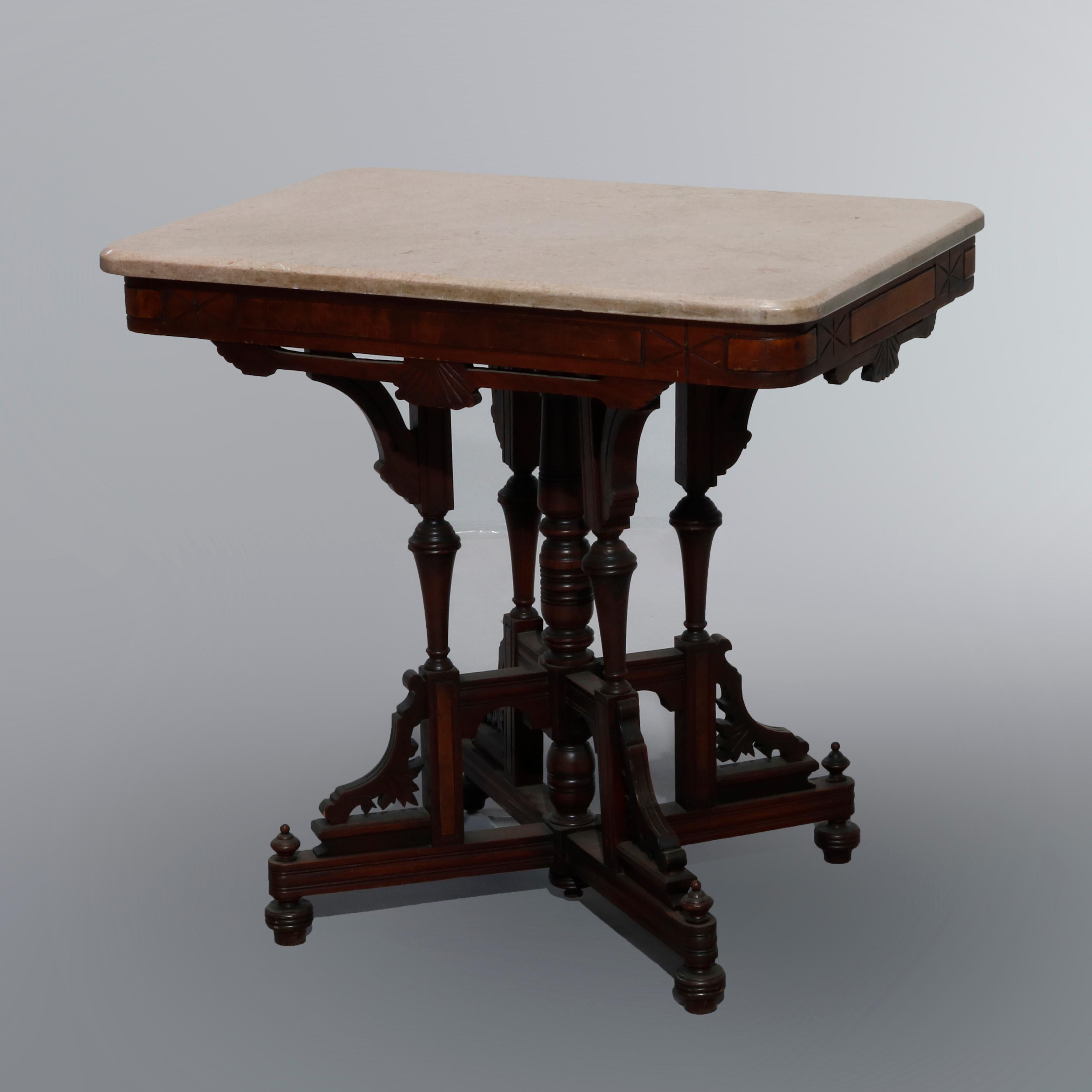 Antique Eastlake Walnut, Burl & Marble Parlor Table, Circa 1890 5