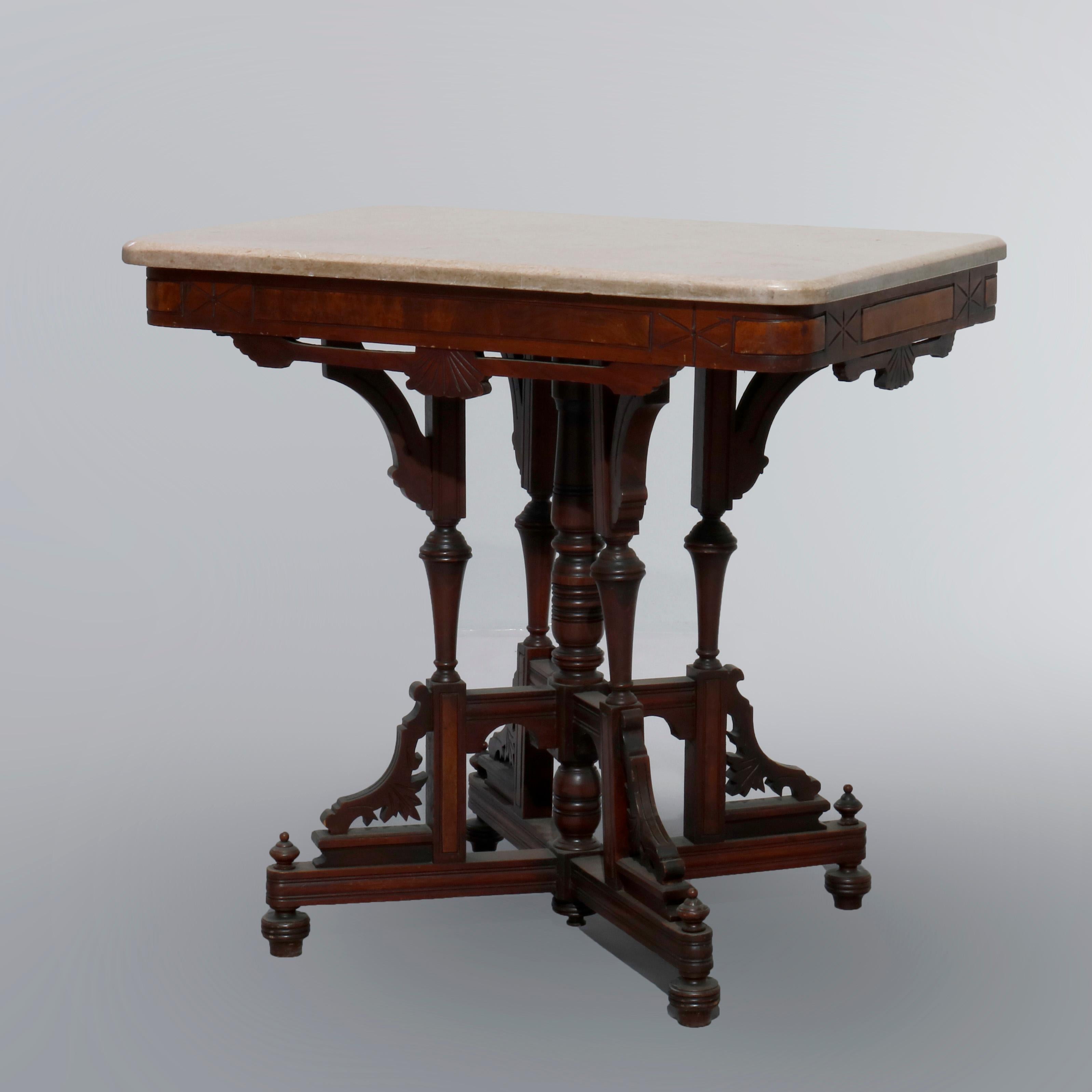 Antique Eastlake Walnut, Burl & Marble Parlor Table, Circa 1890 11
