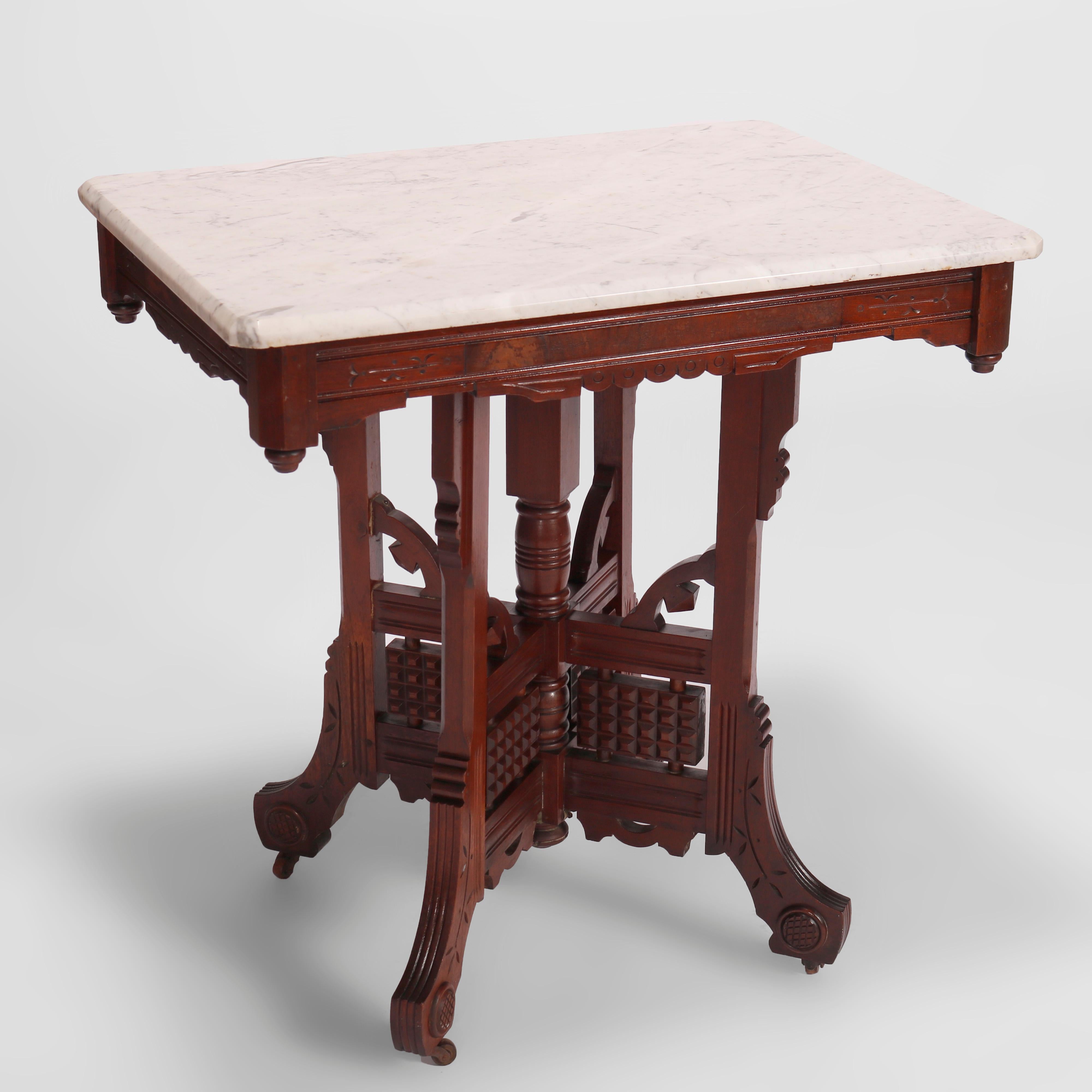 Antiker Eastlake-Salontisch aus Nussbaum, Wurzelholz und Marmor, um 1890 (19. Jahrhundert) im Angebot