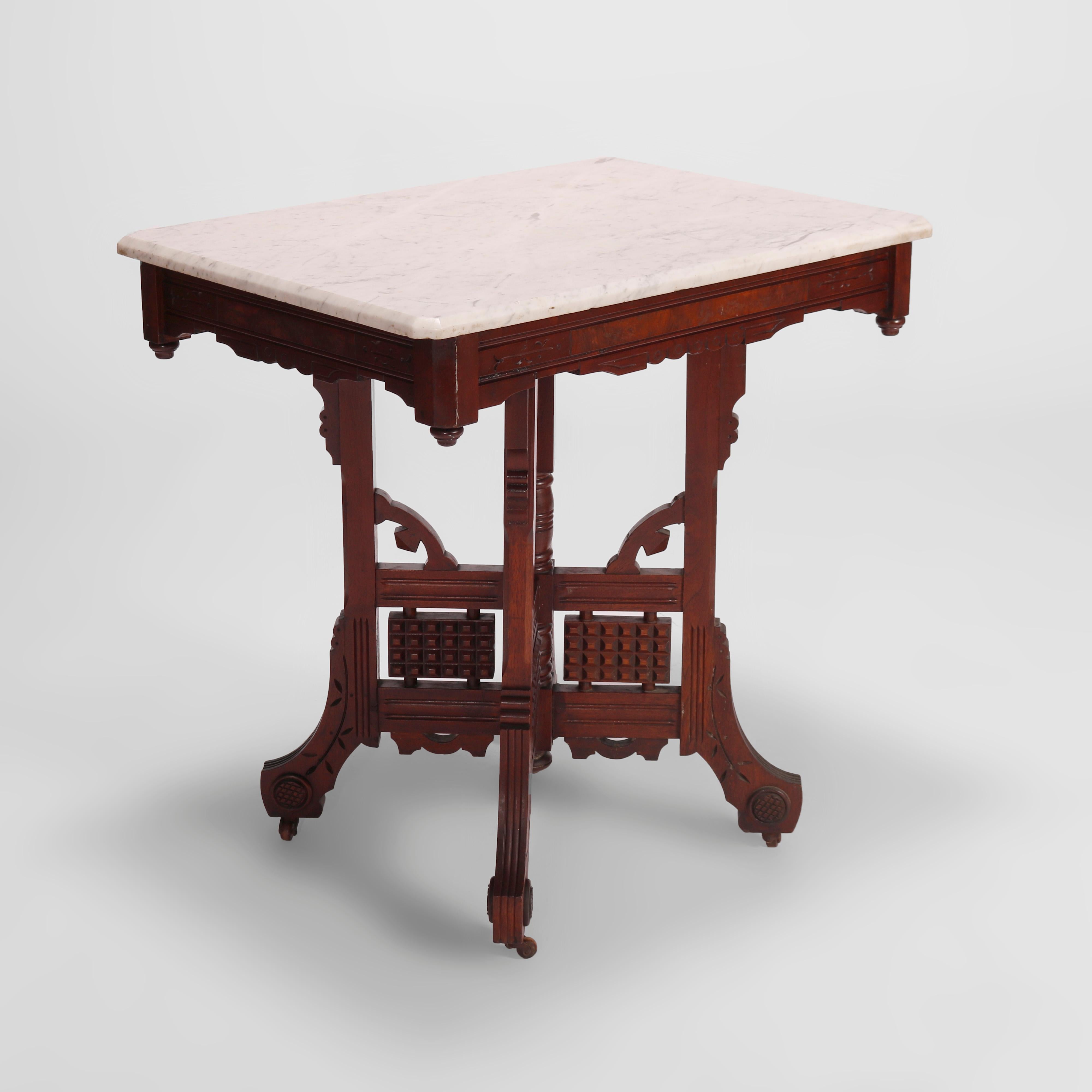 American Antique Eastlake Walnut, Burl & Marble Parlor Table, Circa 1890 For Sale