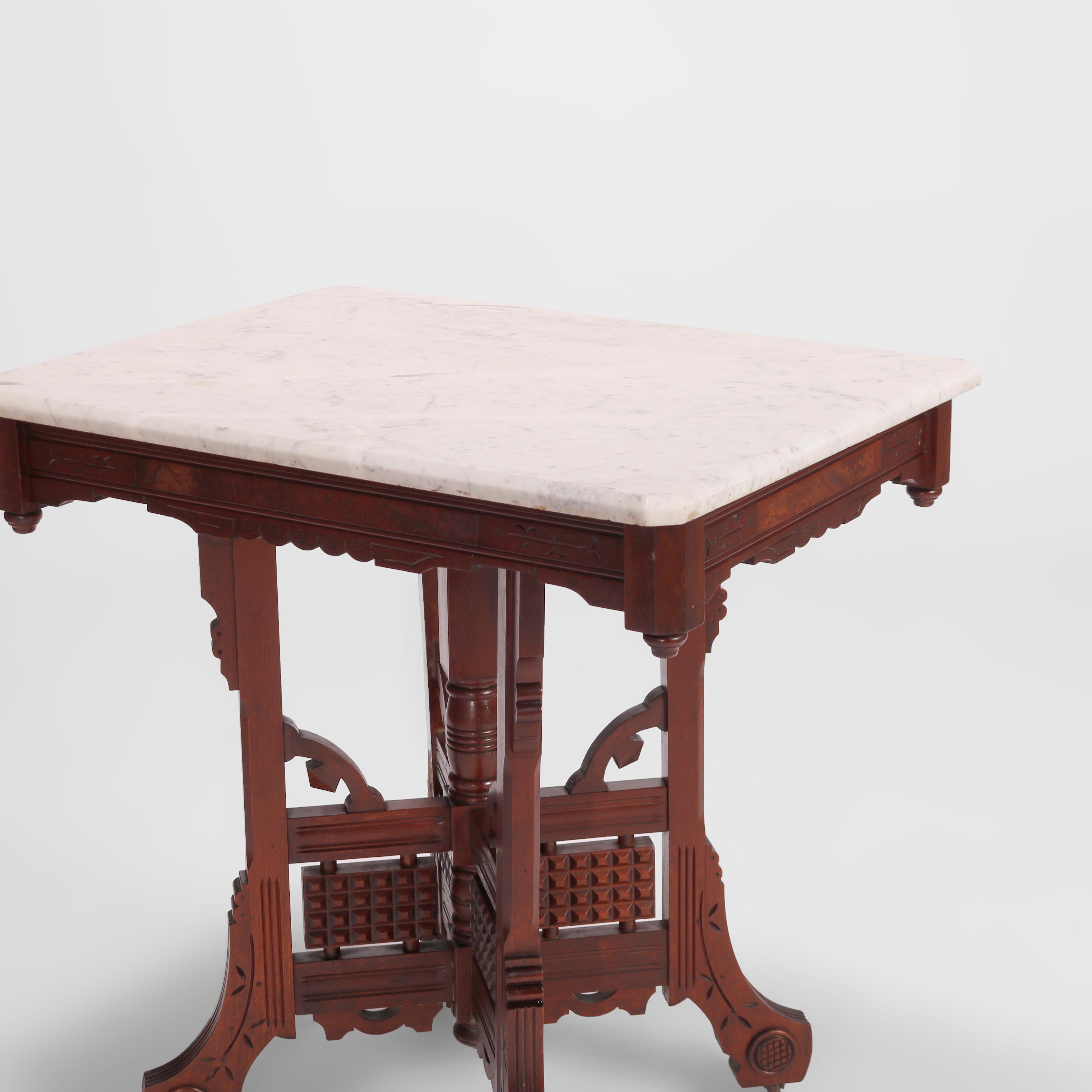Antique Eastlake Walnut, Burl & Marble Parlor Table, Circa 1890 In Good Condition For Sale In Big Flats, NY