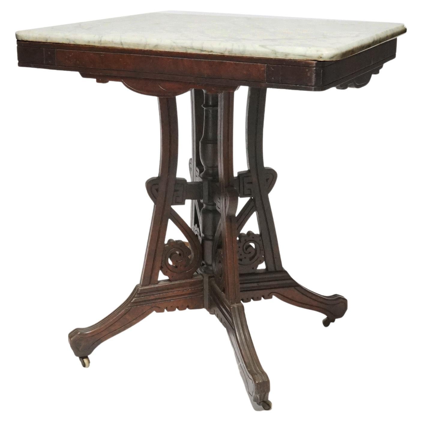 Ancienne table de salon Eastlake en noyer, broussin et marbre, vers 1890