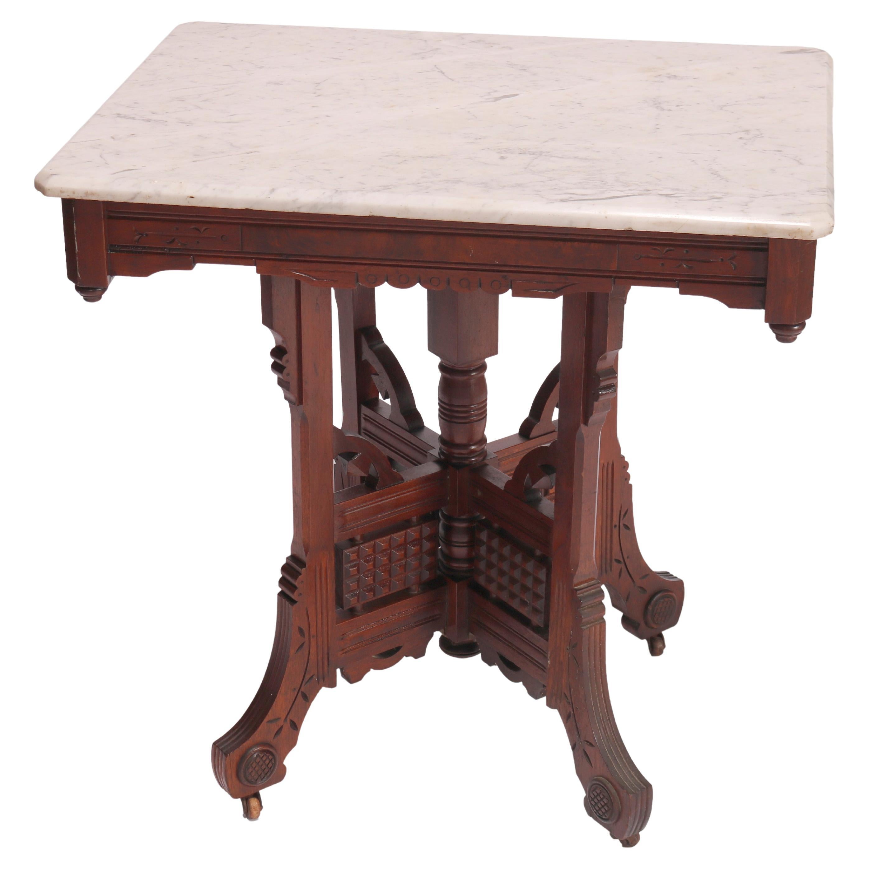 Antique Eastlake Walnut, Burl & Marble Parlor Table, Circa 1890